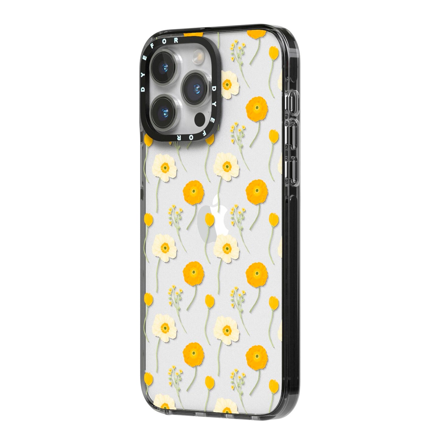 Wild Floral iPhone 14 Pro Max Black Impact Case Side Angle on Silver phone