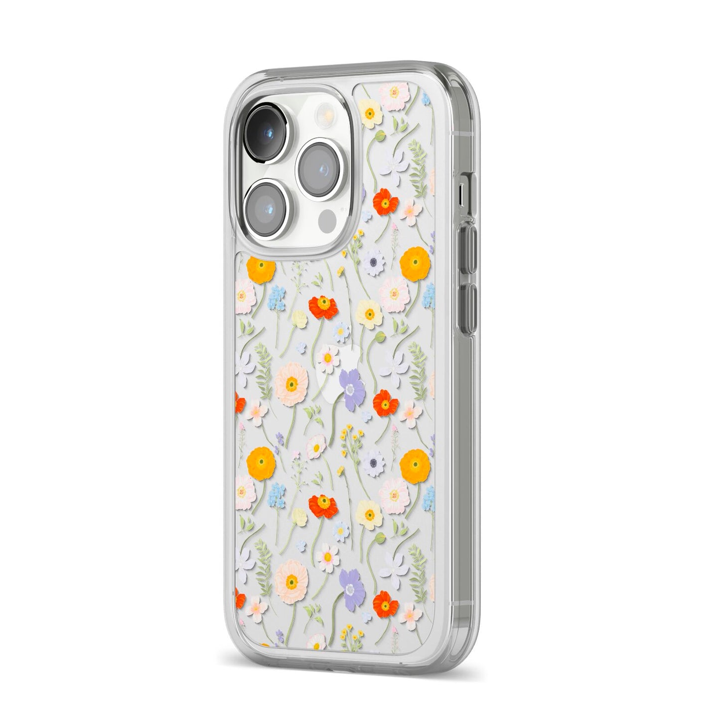 Wild Flower iPhone 14 Pro Clear Tough Case Silver Angled Image