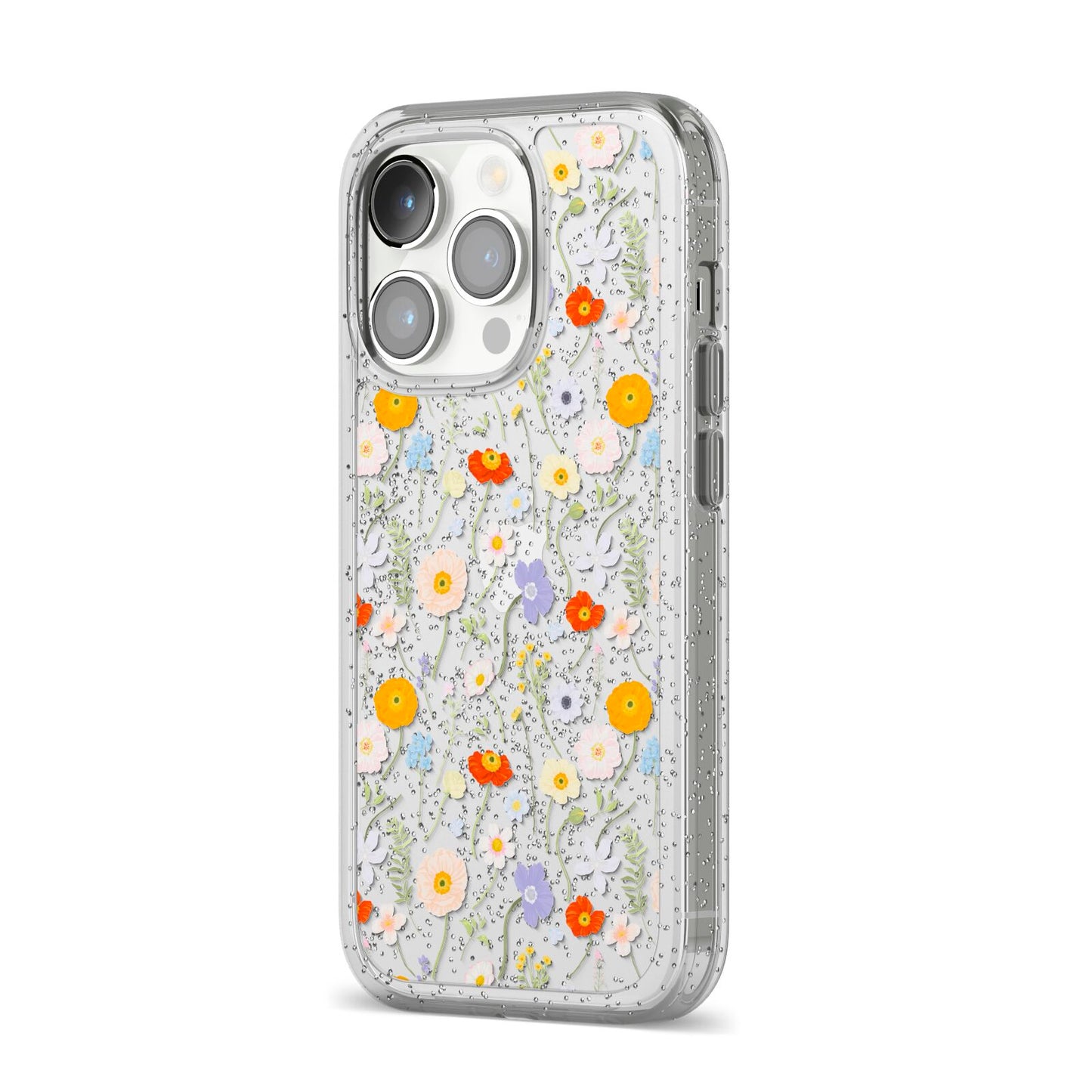 Wild Flower iPhone 14 Pro Glitter Tough Case Silver Angled Image