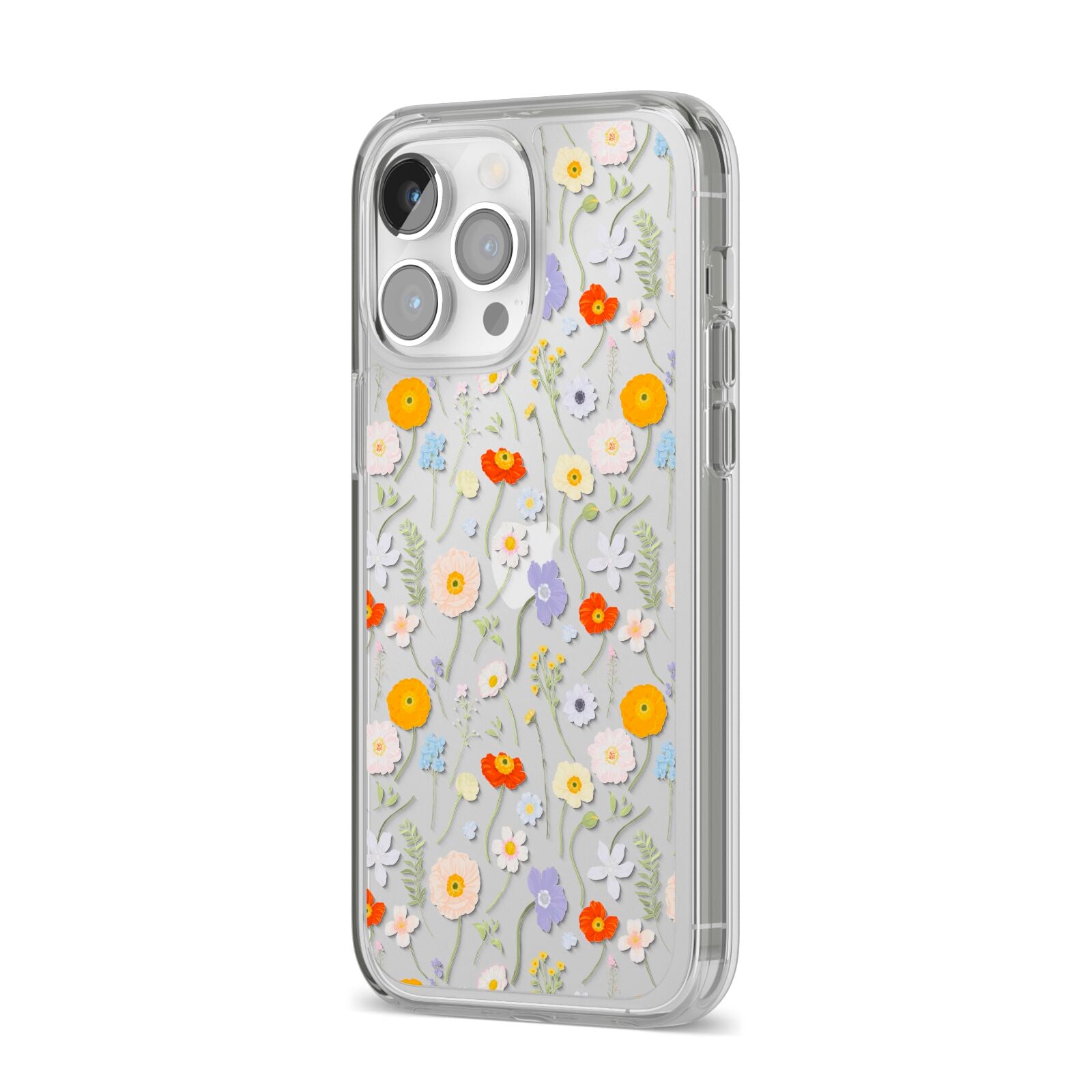 Wild Flower iPhone 14 Pro Max Clear Tough Case Silver Angled Image