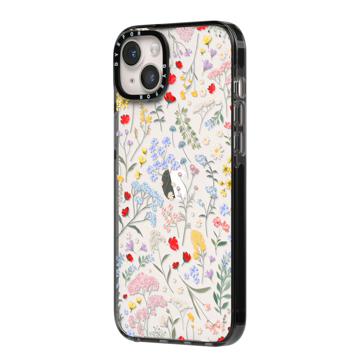 Wild Flowers iPhone 14 Plus Black Impact Case Side Angle on Silver phone