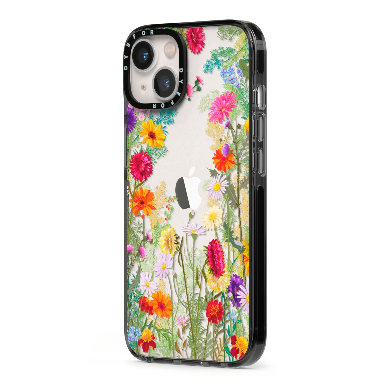 Wildflower iPhone 13 Black Impact Case Side Angle on Silver phone