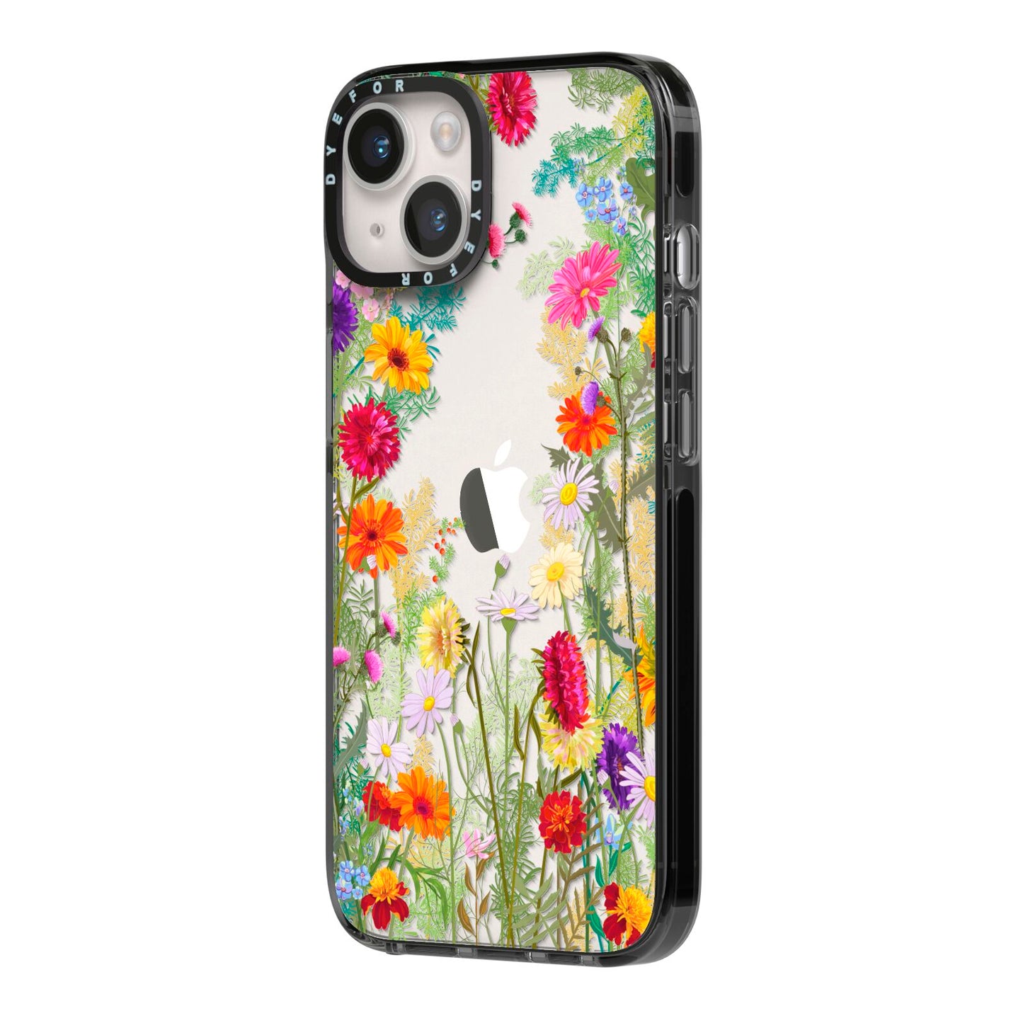 Wildflower iPhone 14 Black Impact Case Side Angle on Silver phone