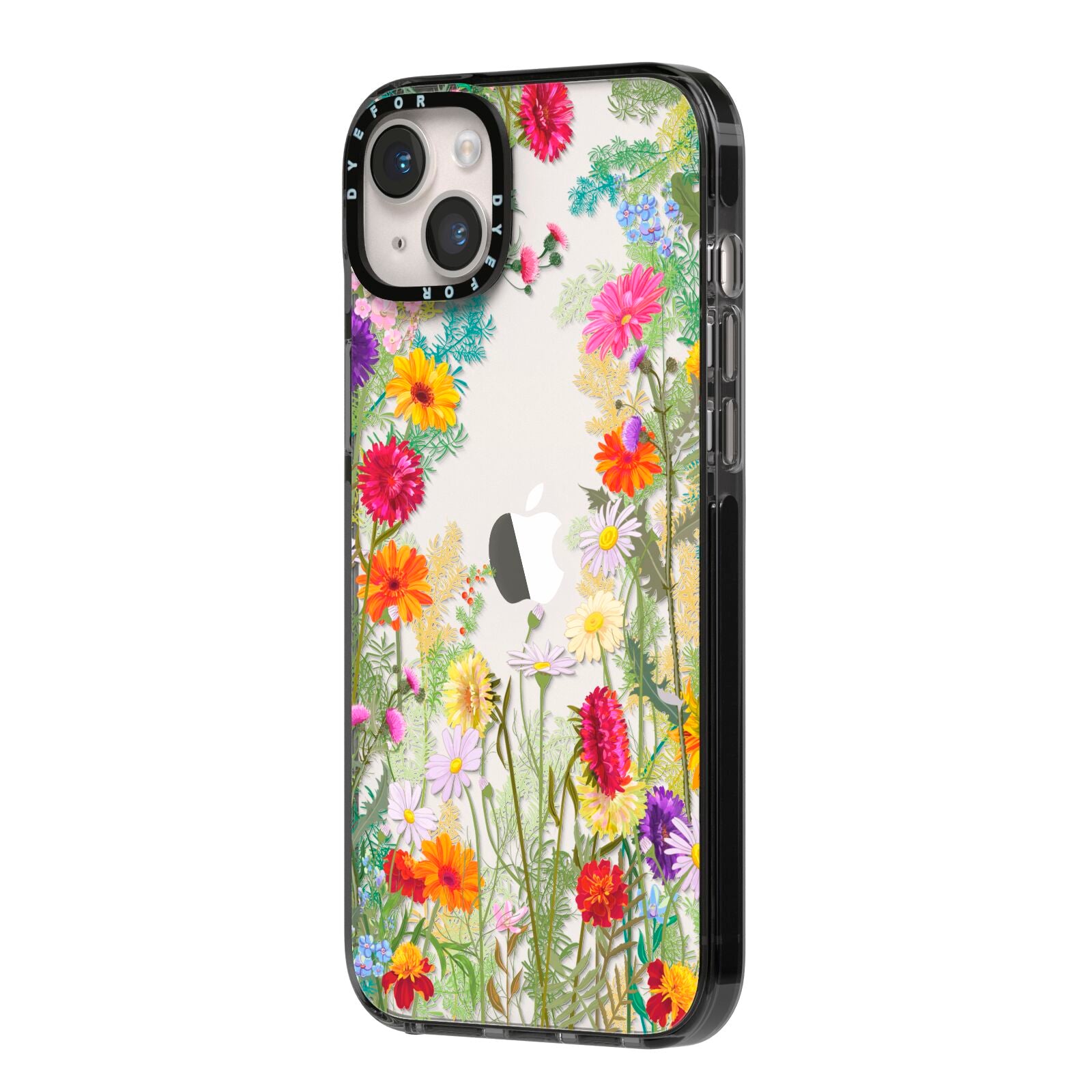 Wildflower iPhone 14 Plus Black Impact Case Side Angle on Silver phone