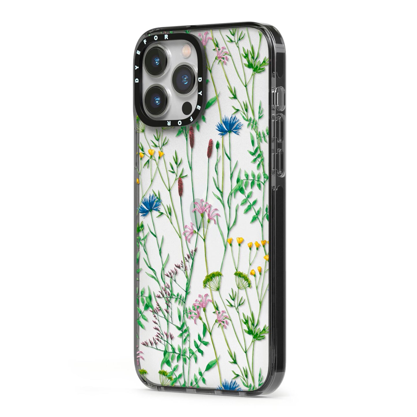 Wildflowers iPhone 13 Pro Max Black Impact Case Side Angle on Silver phone