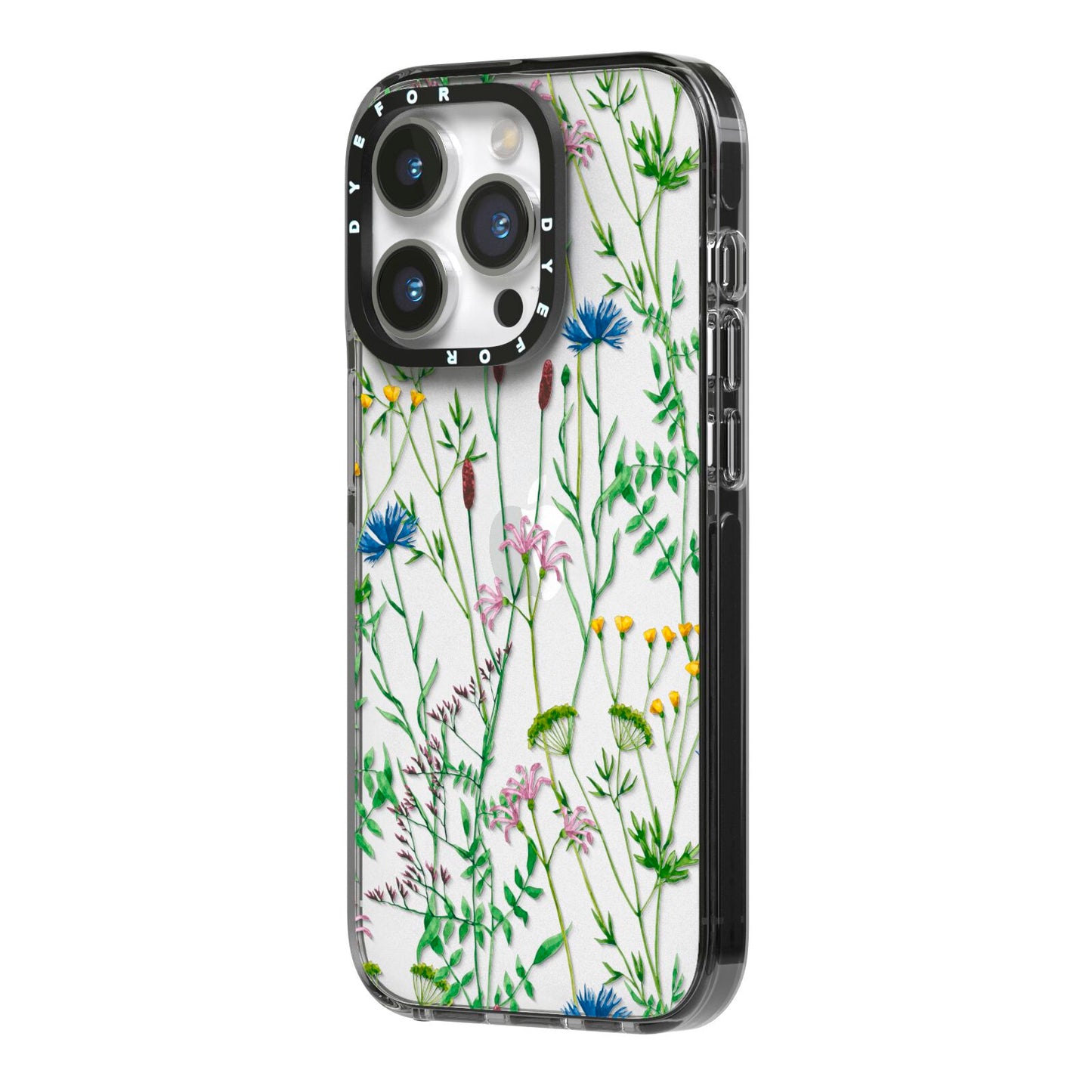 Wildflowers iPhone 14 Pro Black Impact Case Side Angle on Silver phone
