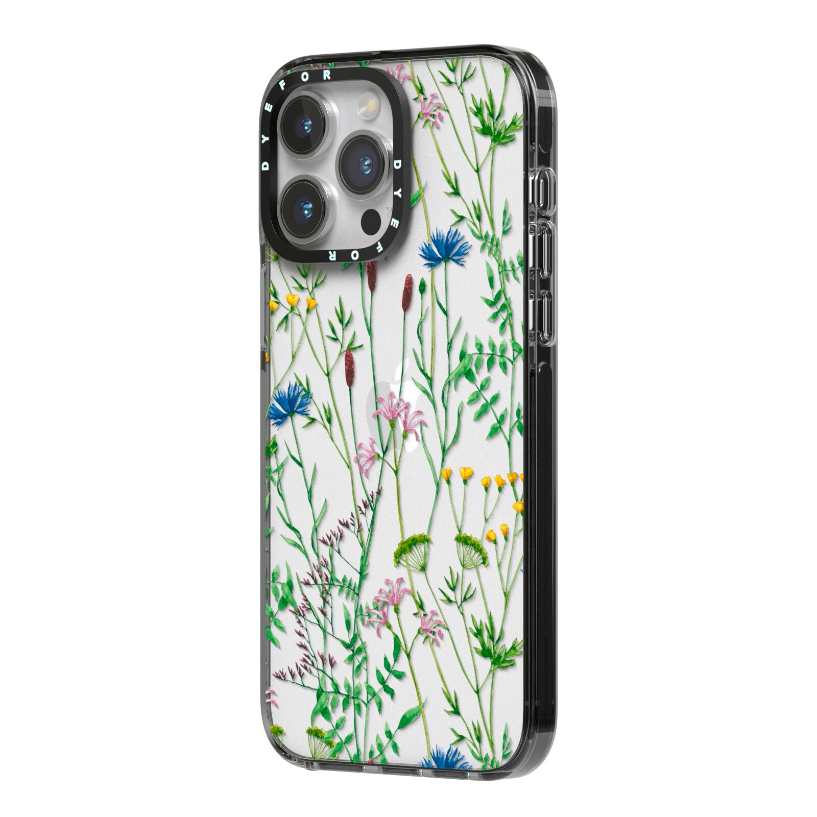 Wildflowers iPhone 14 Pro Max Black Impact Case Side Angle on Silver phone