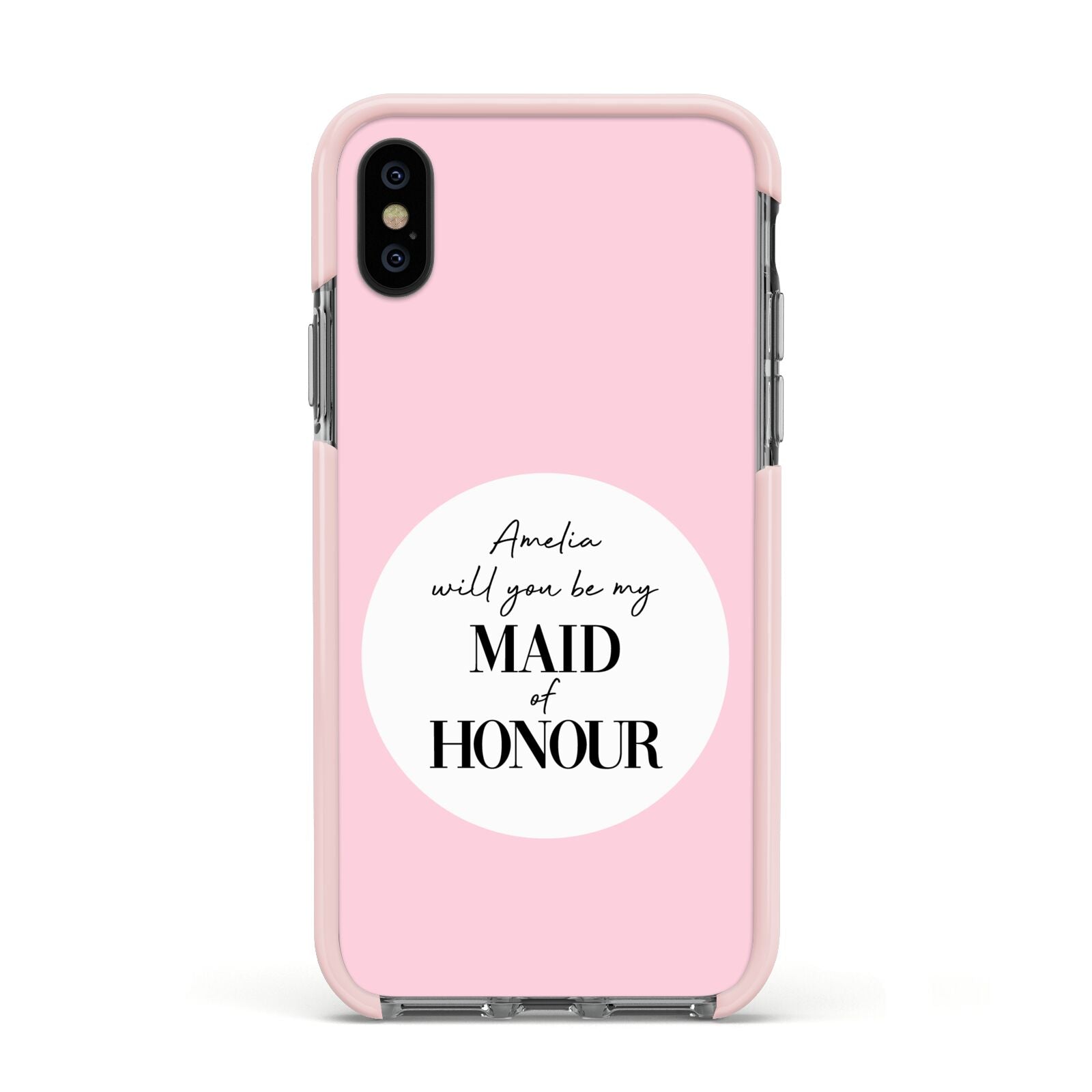 Will You Be My Maid Of Honour Apple iPhone Xs Impact Case Pink Edge on Black Phone
