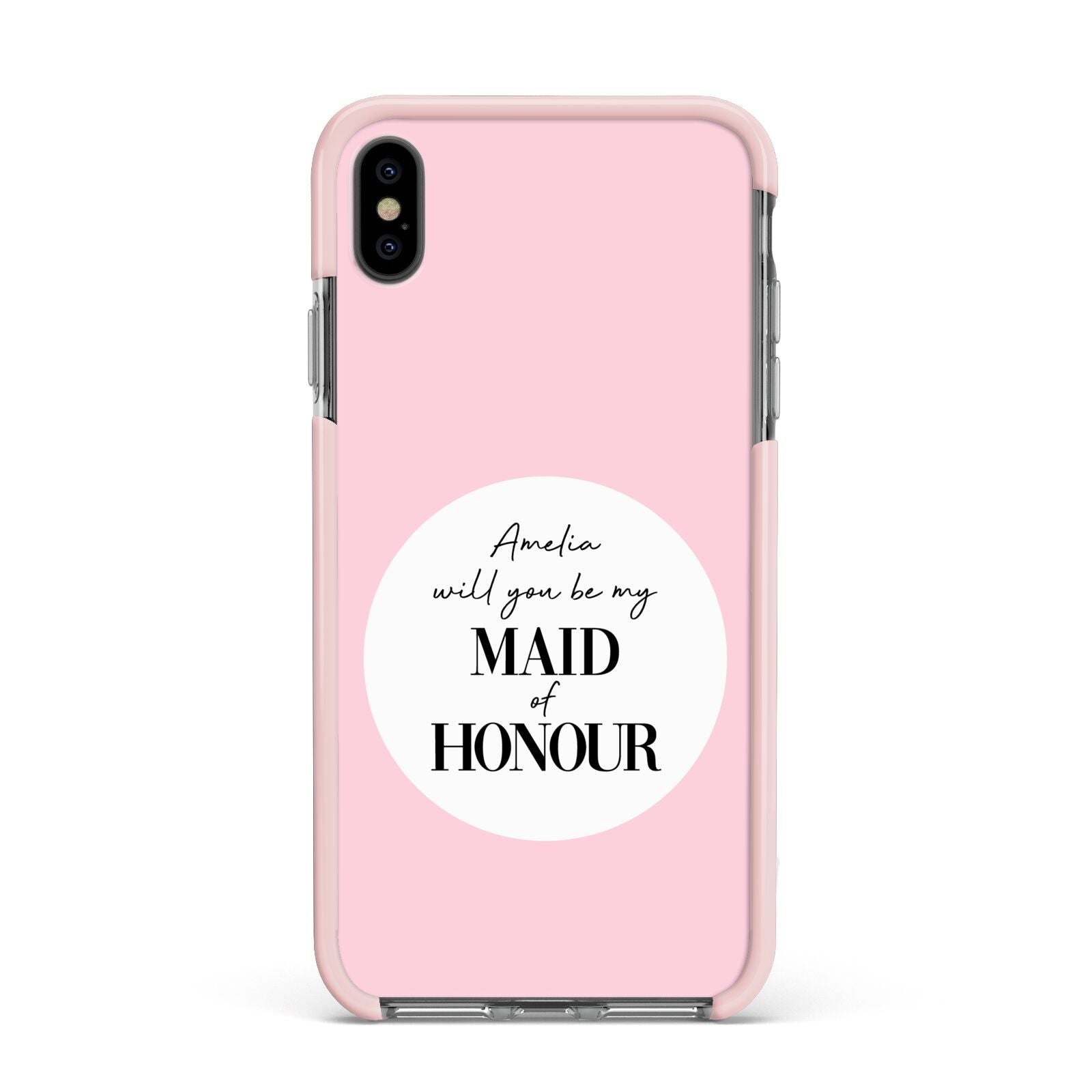 Will You Be My Maid Of Honour Apple iPhone Xs Max Impact Case Pink Edge on Black Phone