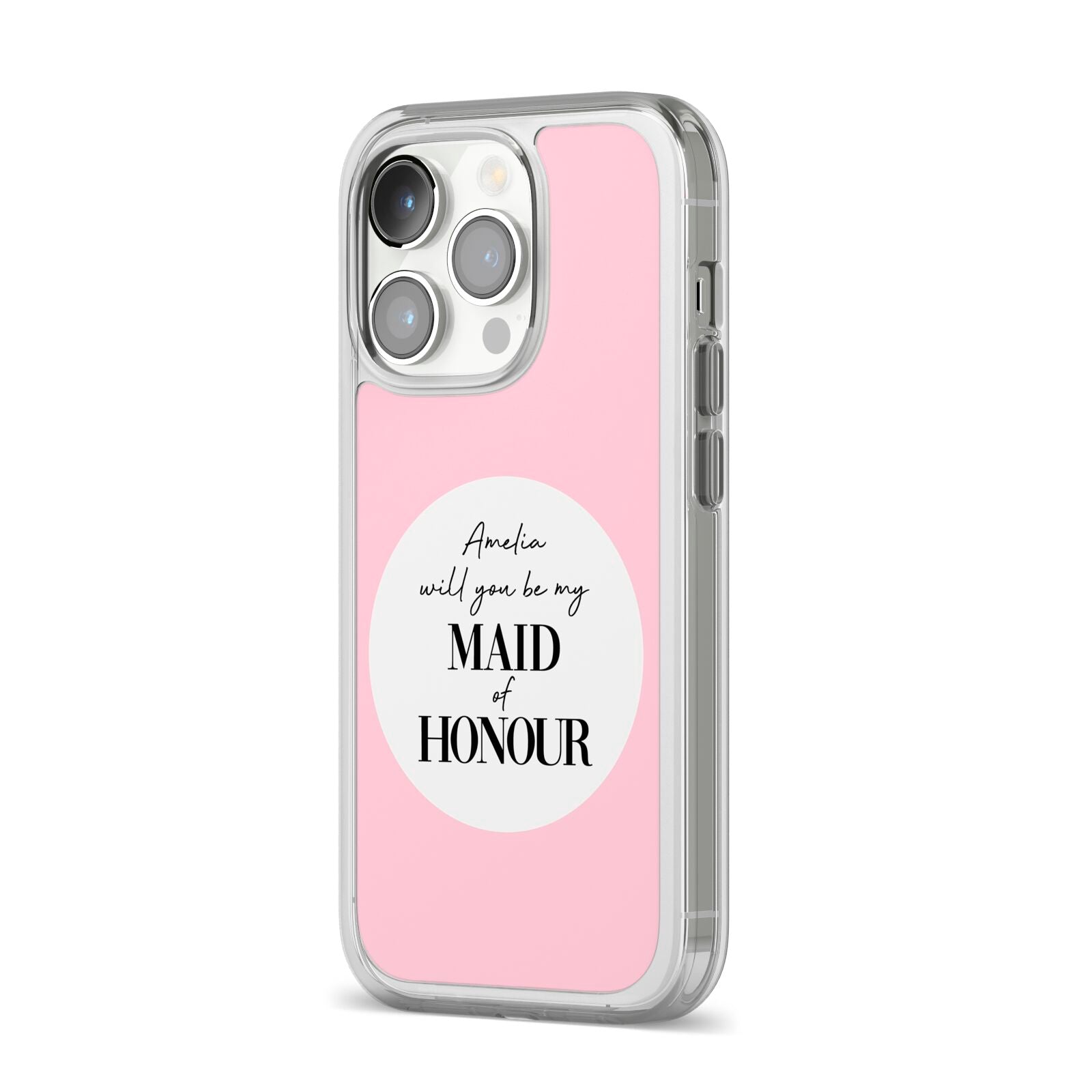 Will You Be My Maid Of Honour iPhone 14 Pro Clear Tough Case Silver Angled Image