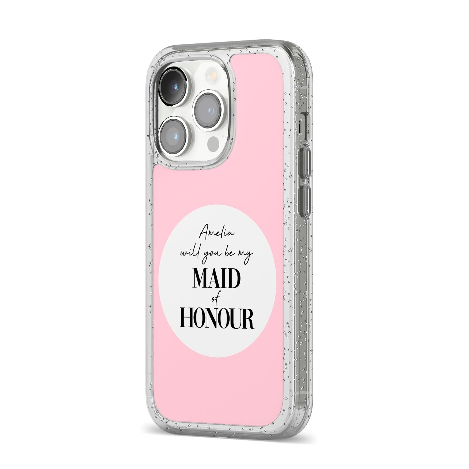 Will You Be My Maid Of Honour iPhone 14 Pro Glitter Tough Case Silver Angled Image