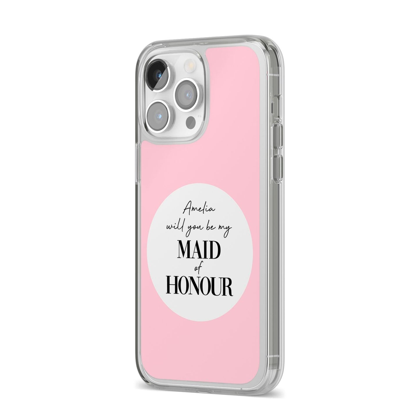 Will You Be My Maid Of Honour iPhone 14 Pro Max Clear Tough Case Silver Angled Image