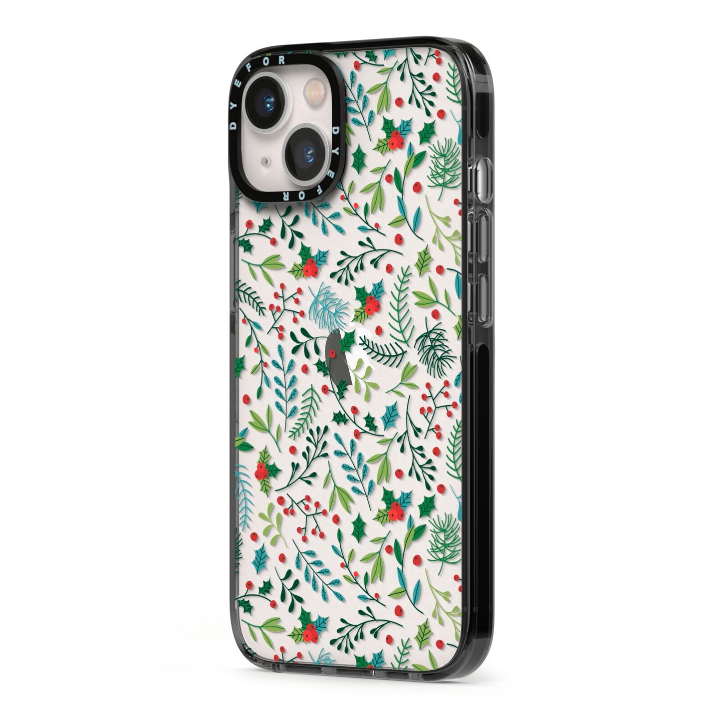 Winter Floral iPhone 13 Black Impact Case Side Angle on Silver phone