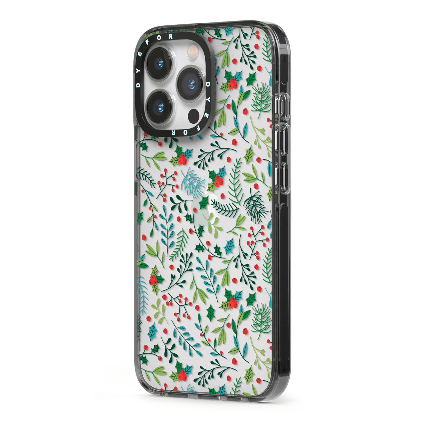 Winter Floral iPhone 13 Pro Black Impact Case Side Angle on Silver phone