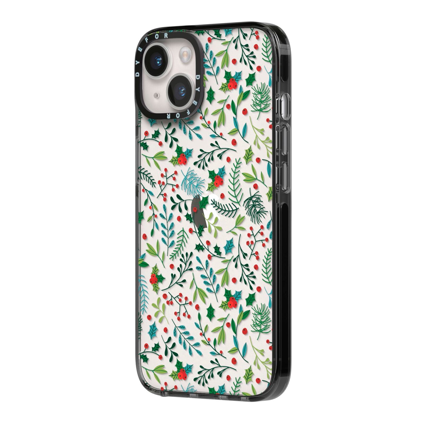 Winter Floral iPhone 14 Black Impact Case Side Angle on Silver phone