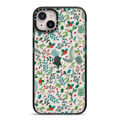 Winter Floral iPhone 14 Plus Black Impact Case on Silver phone