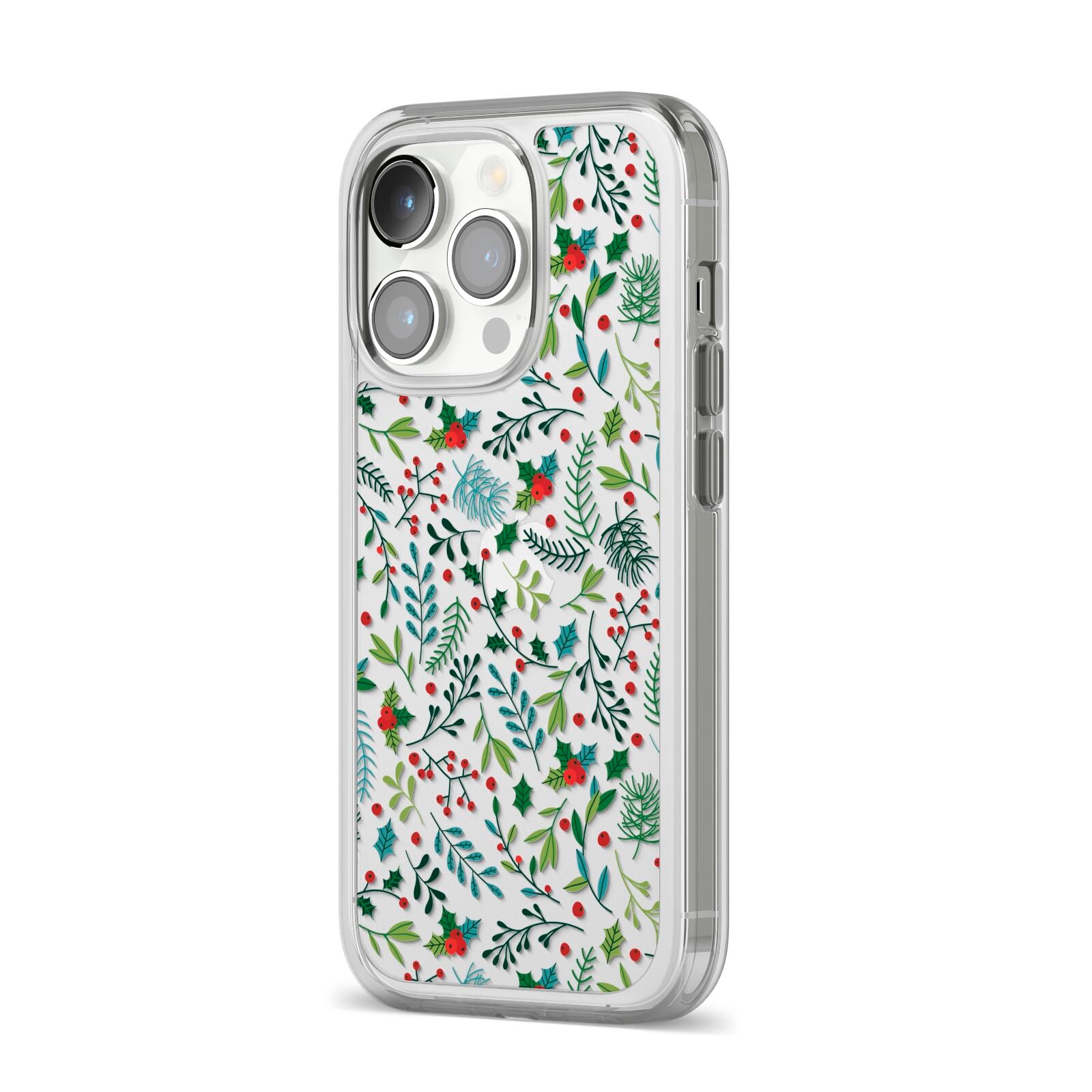 Winter Floral iPhone 14 Pro Clear Tough Case Silver Angled Image