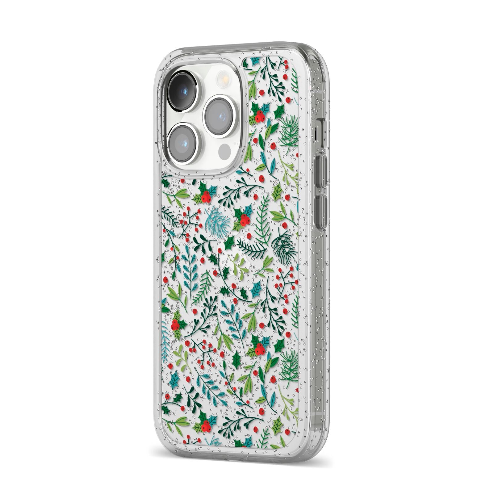 Winter Floral iPhone 14 Pro Glitter Tough Case Silver Angled Image
