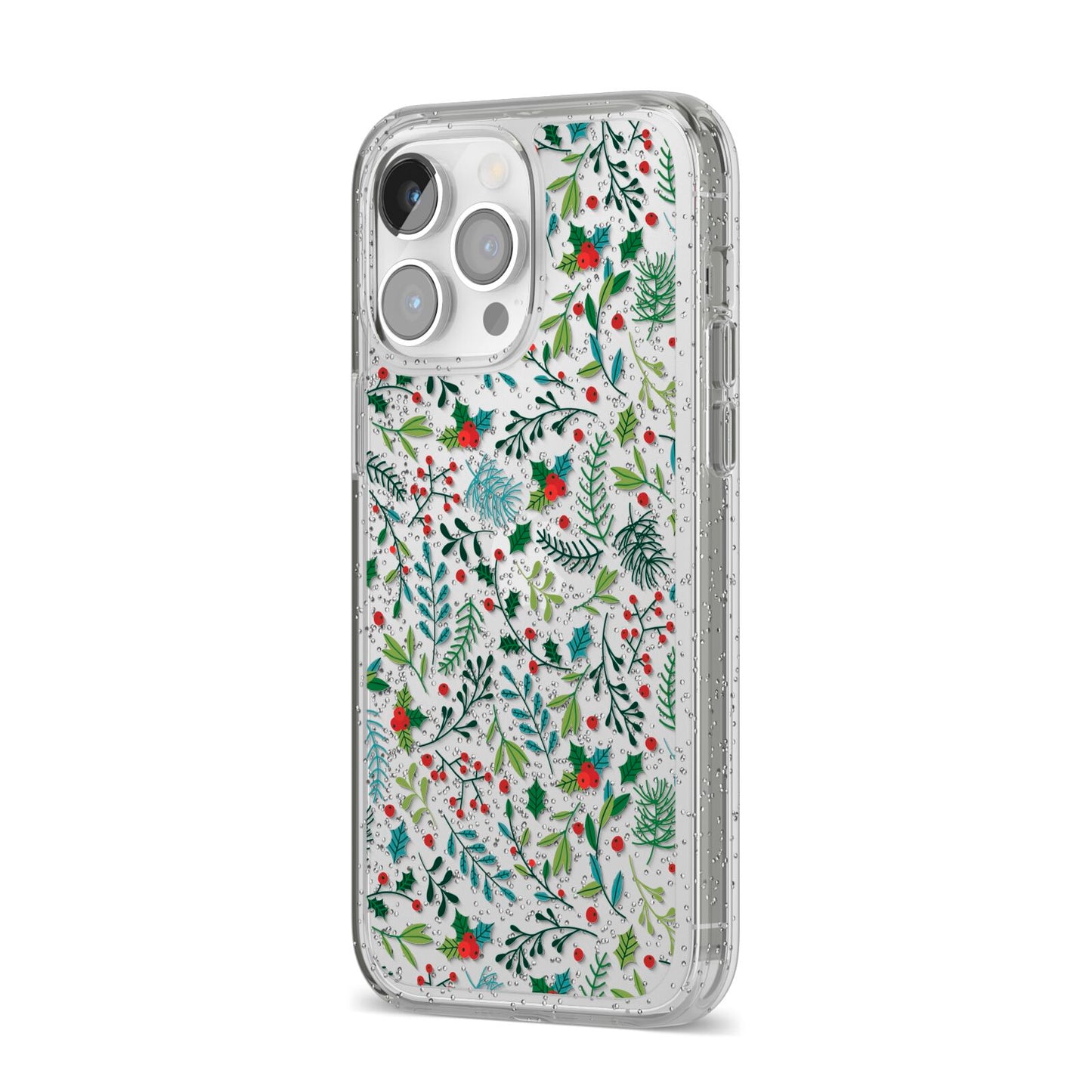 Winter Floral iPhone 14 Pro Max Glitter Tough Case Silver Angled Image