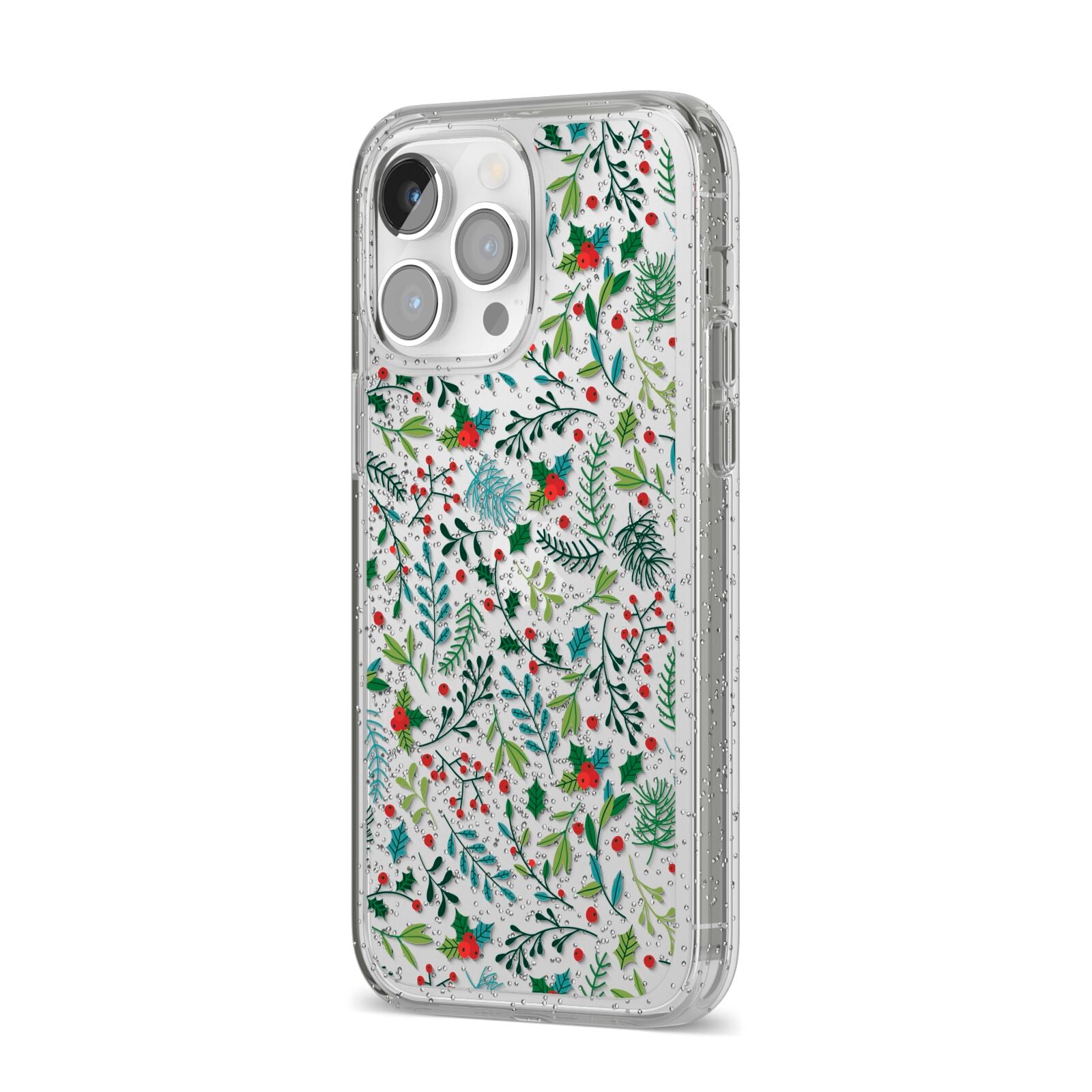 Winter Floral iPhone 14 Pro Max Glitter Tough Case Silver Angled Image