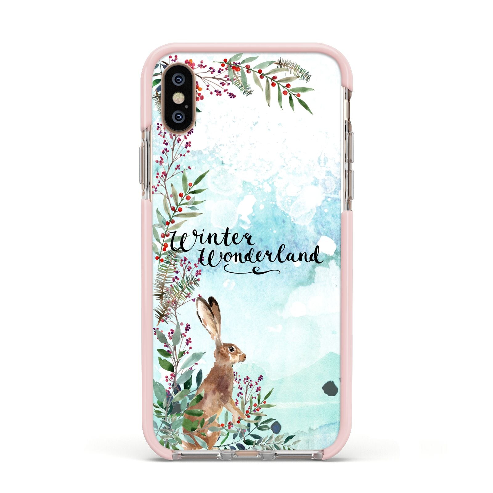Winter Wonderland Hare Apple iPhone Xs Impact Case Pink Edge on Gold Phone
