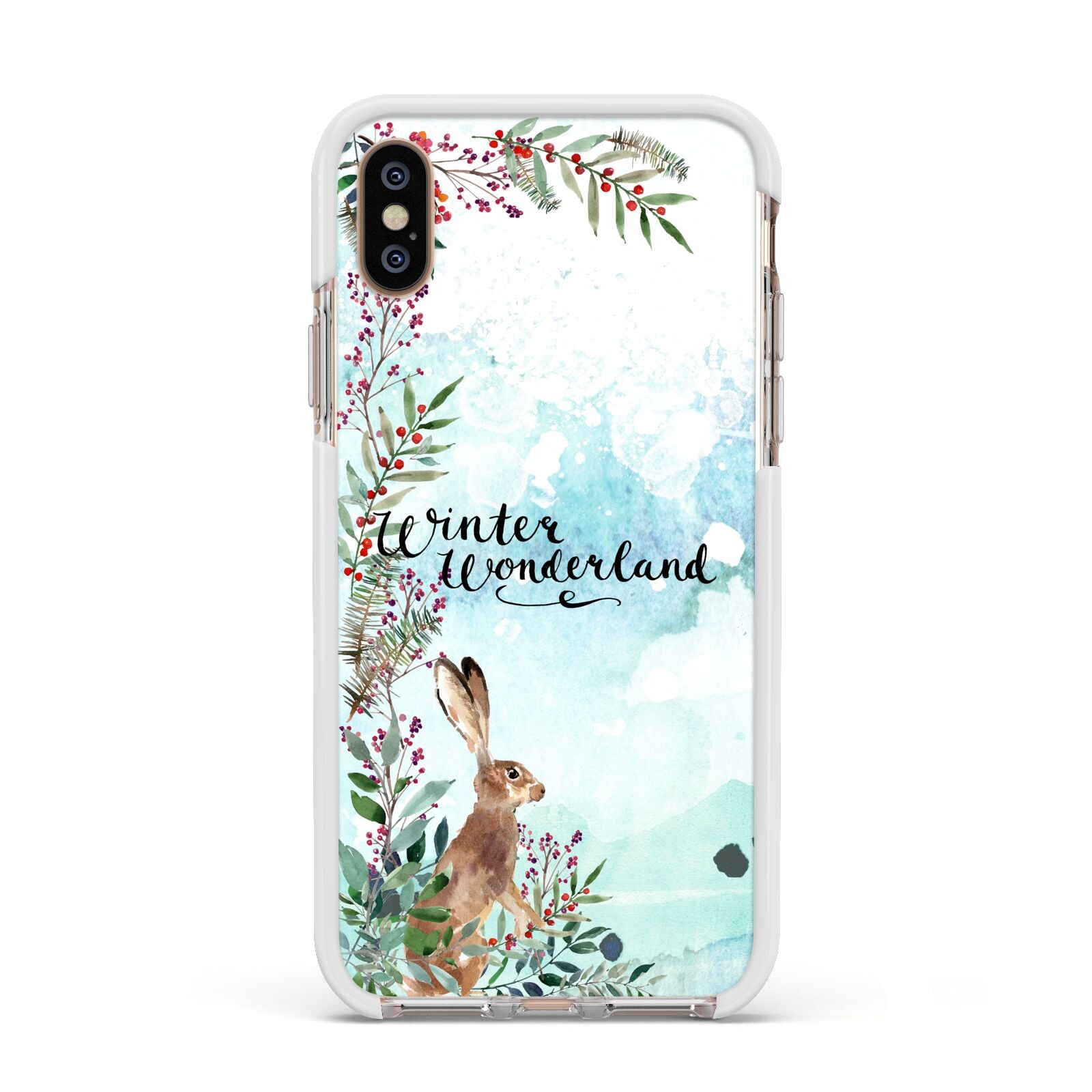 Winter Wonderland Hare Apple iPhone Xs Impact Case White Edge on Gold Phone