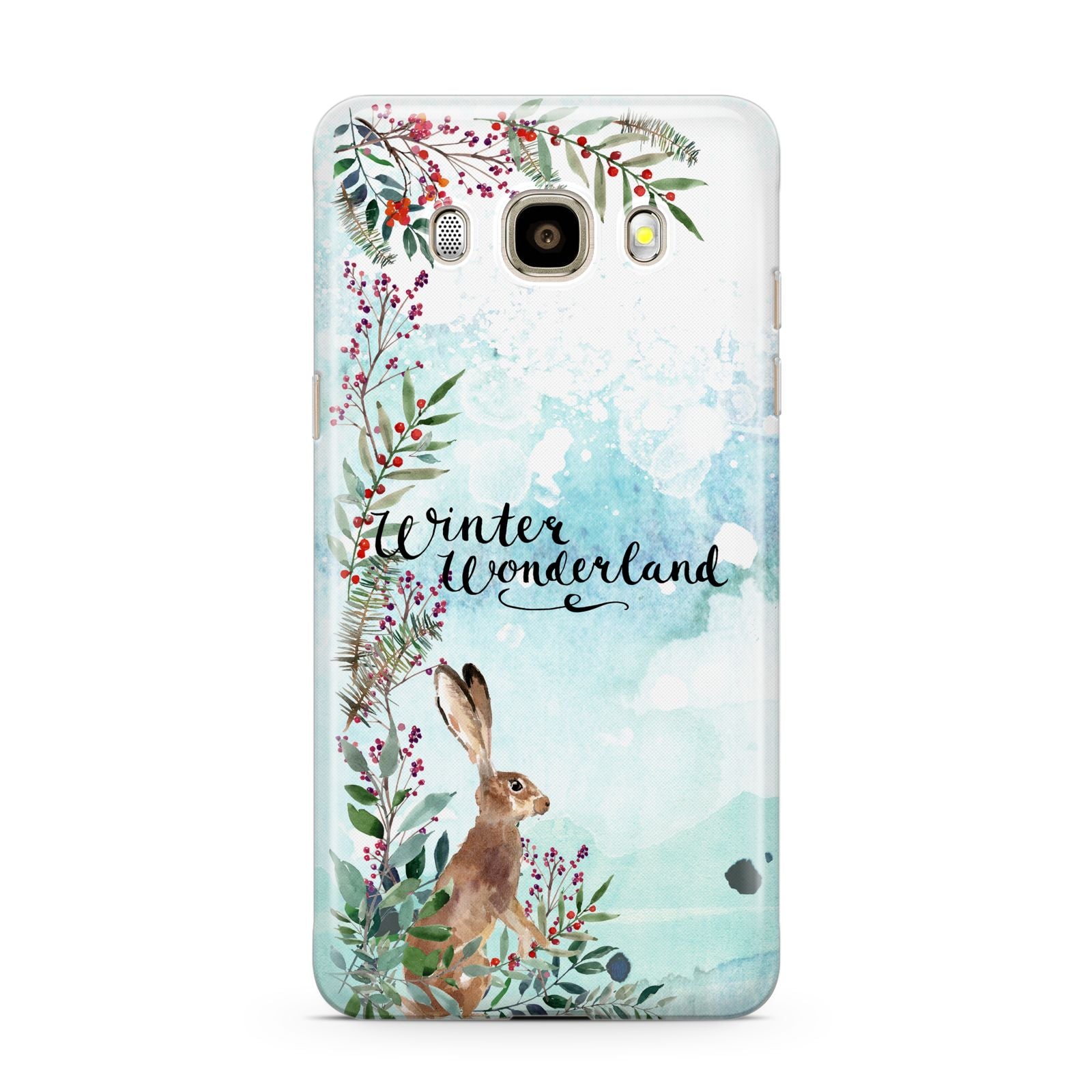 Winter Wonderland Hare Samsung Galaxy J7 2016 Case on gold phone