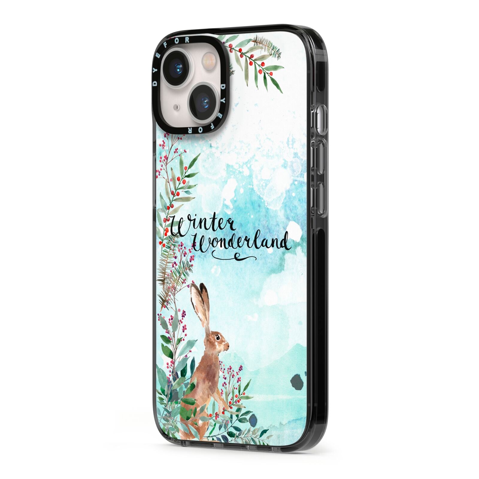 Winter Wonderland Hare iPhone 13 Black Impact Case Side Angle on Silver phone