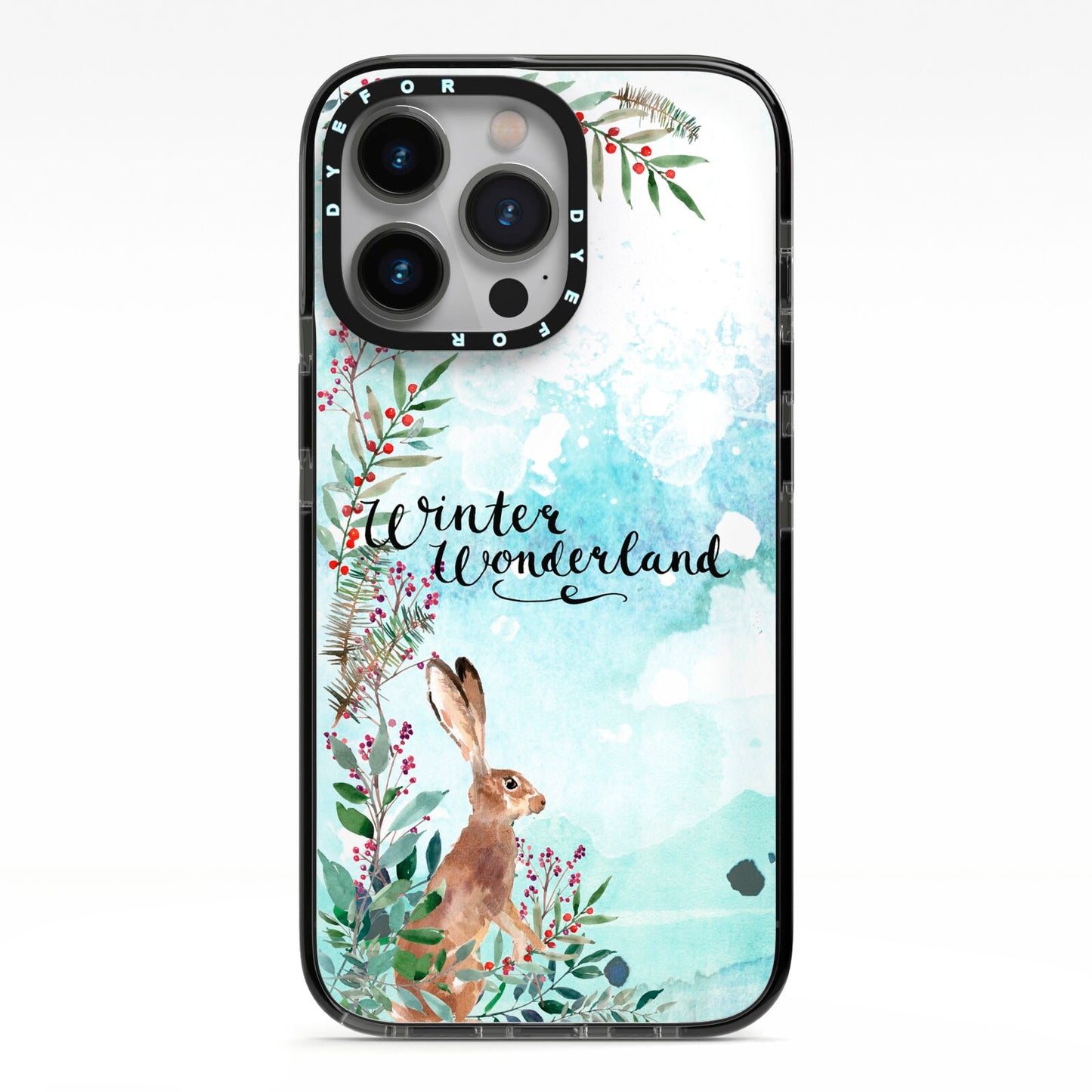 Winter Wonderland Hare iPhone 13 Pro Black Impact Case on Silver phone