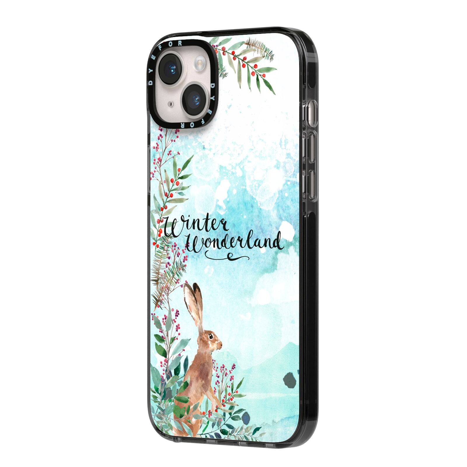 Winter Wonderland Hare iPhone 14 Plus Black Impact Case Side Angle on Silver phone