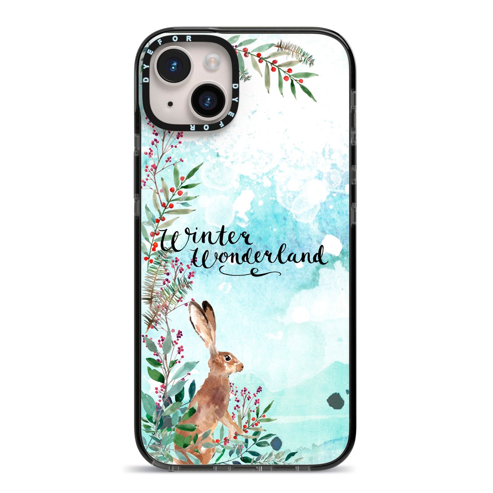 Winter Wonderland Hare iPhone 14 Plus Black Impact Case on Silver phone