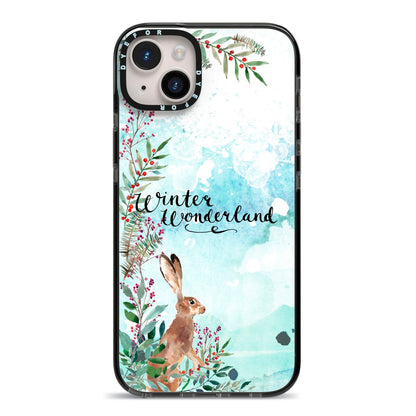 Winter Wonderland Hare iPhone 14 Plus Black Impact Case on Silver phone