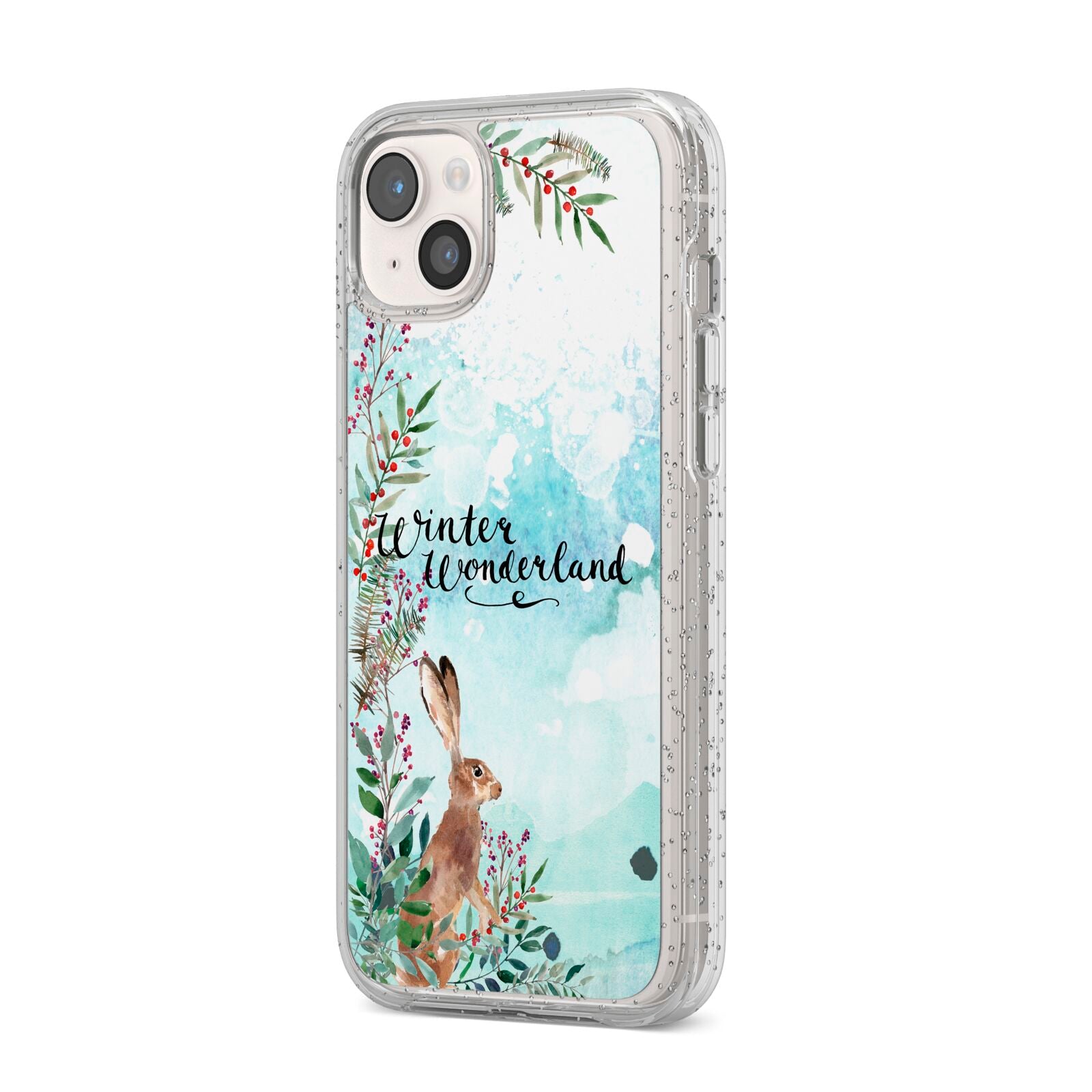 Winter Wonderland Hare iPhone 14 Plus Glitter Tough Case Starlight Angled Image