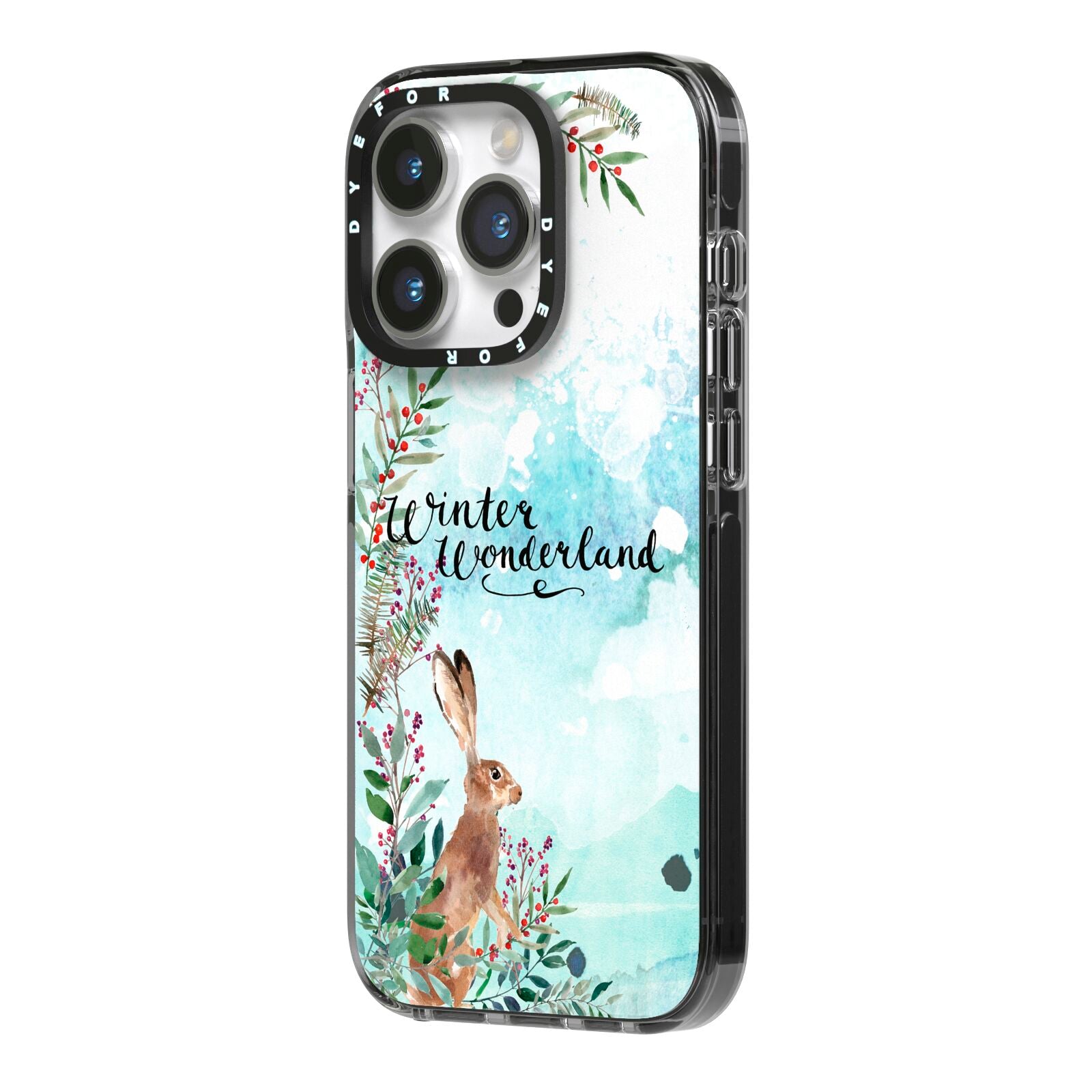 Winter Wonderland Hare iPhone 14 Pro Black Impact Case Side Angle on Silver phone