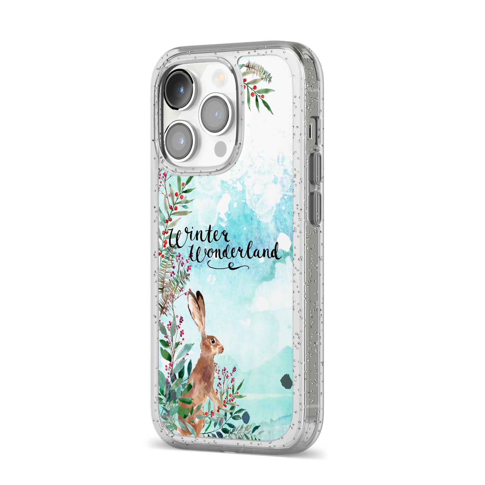 Winter Wonderland Hare iPhone 14 Pro Glitter Tough Case Silver Angled Image