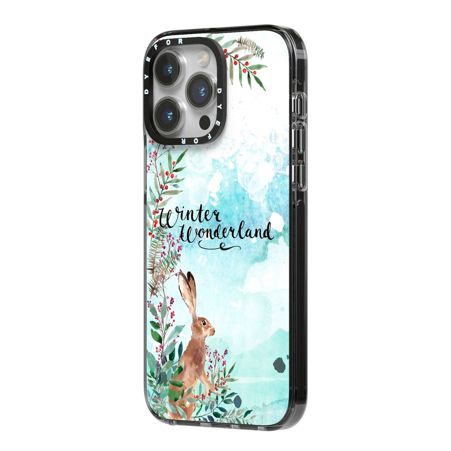 Winter Wonderland Hare iPhone 14 Pro Max Black Impact Case Side Angle on Silver phone