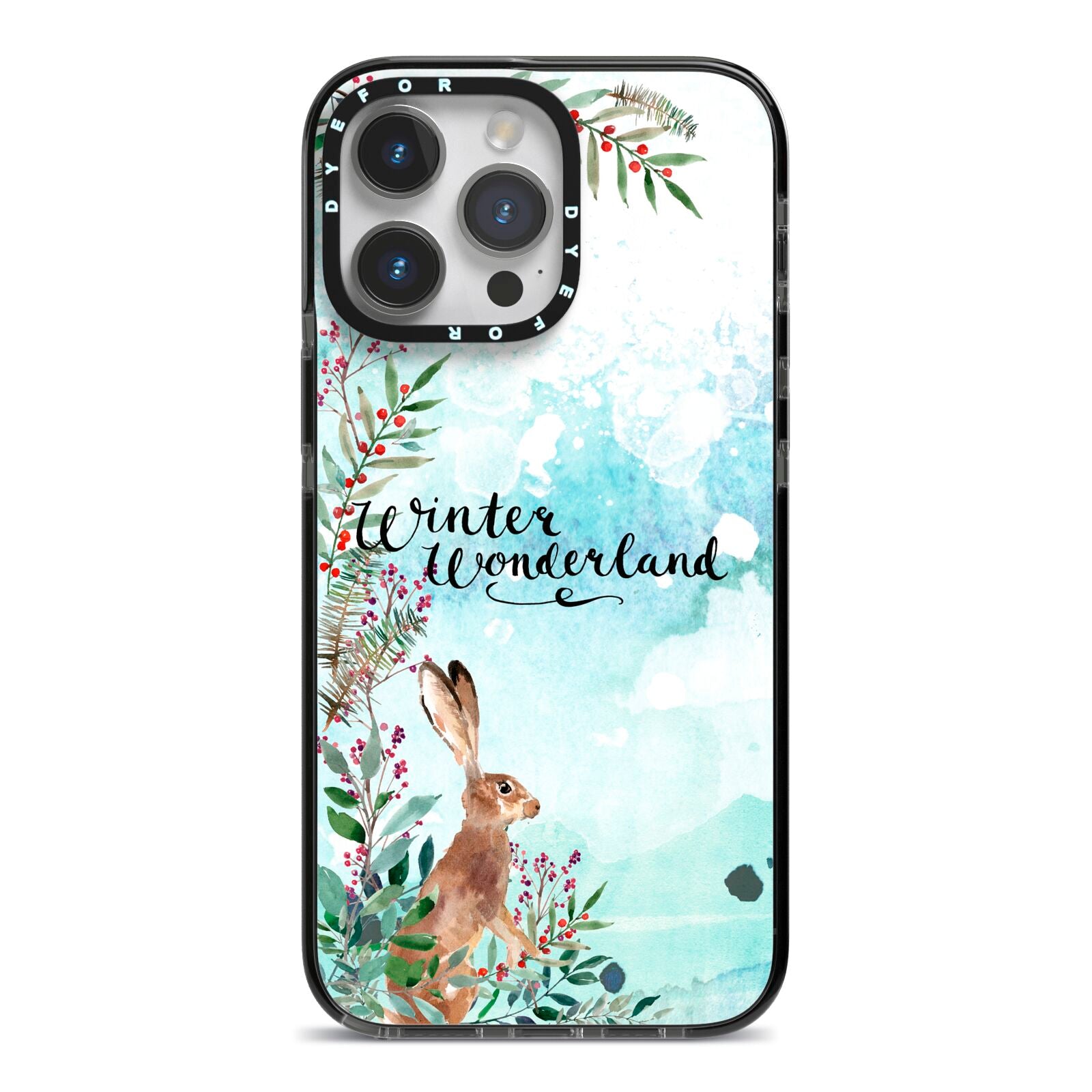Winter Wonderland Hare iPhone 14 Pro Max Black Impact Case on Silver phone