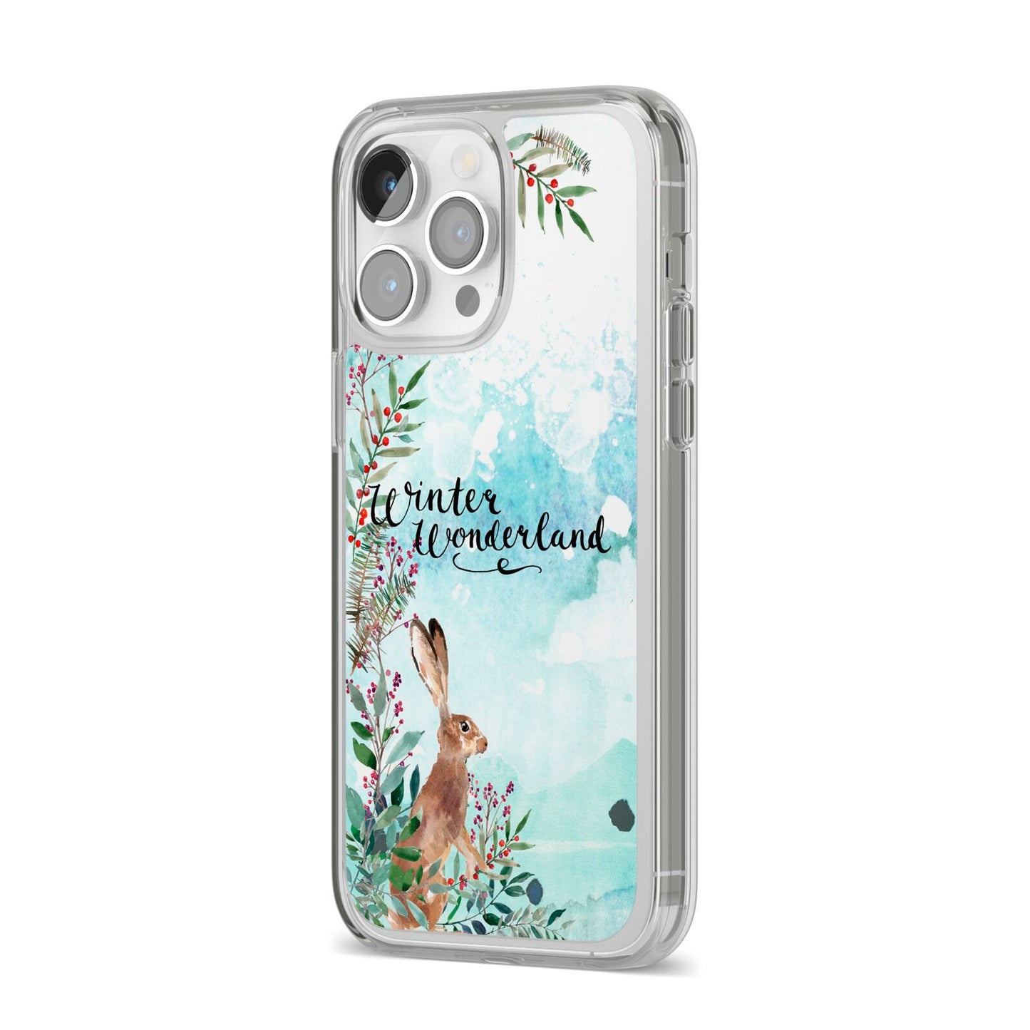 Winter Wonderland Hare iPhone 14 Pro Max Clear Tough Case Silver Angled Image