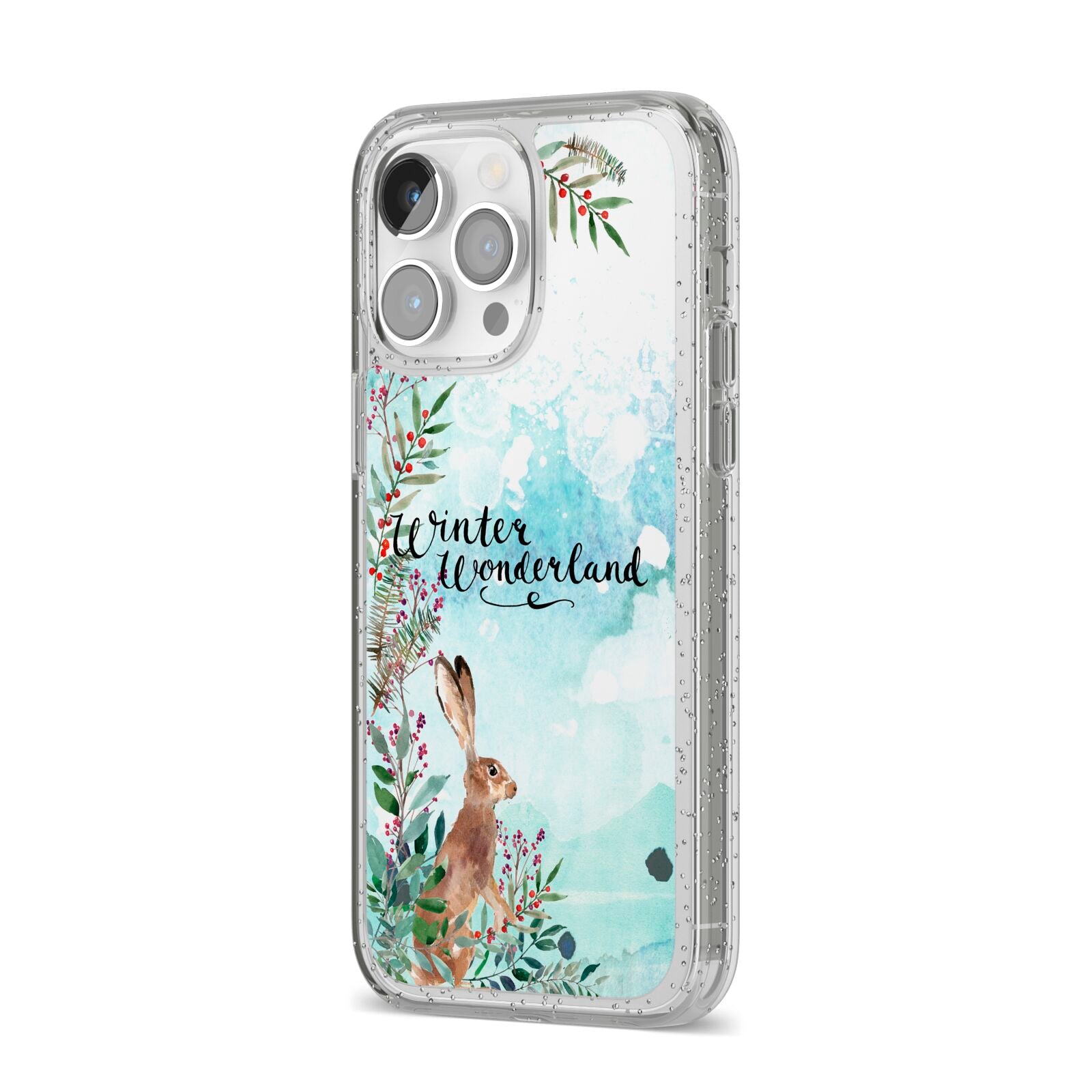 Winter Wonderland Hare iPhone 14 Pro Max Glitter Tough Case Silver Angled Image