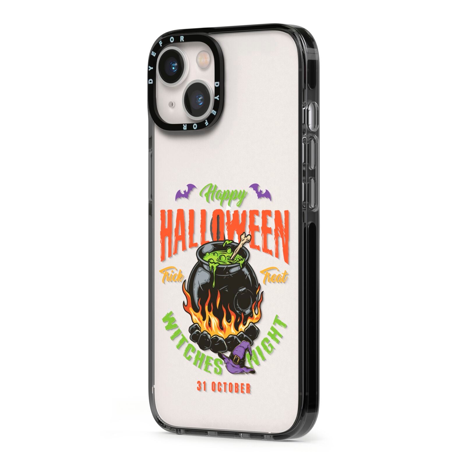 Witch Cauldron iPhone 13 Black Impact Case Side Angle on Silver phone