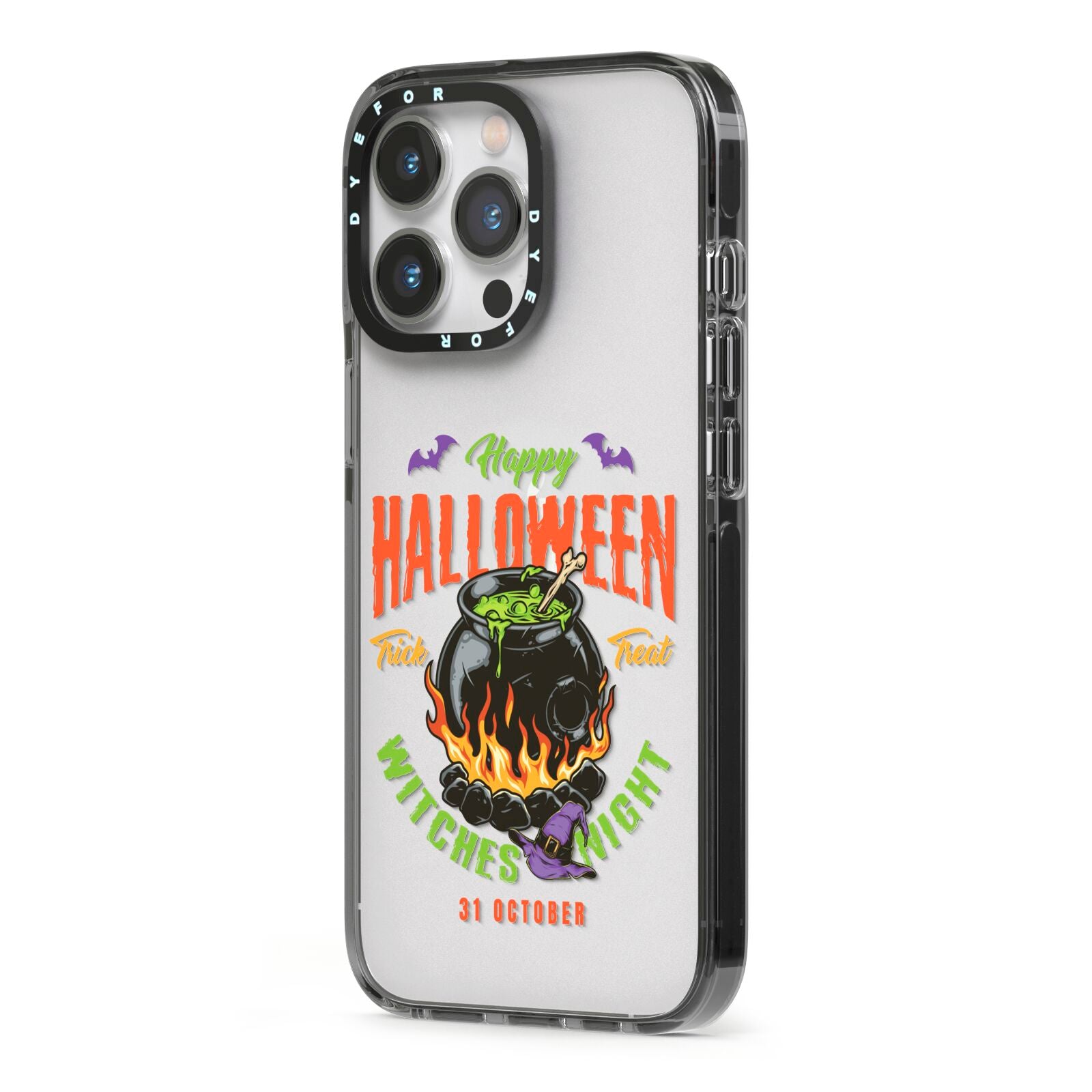 Witch Cauldron iPhone 13 Pro Black Impact Case Side Angle on Silver phone