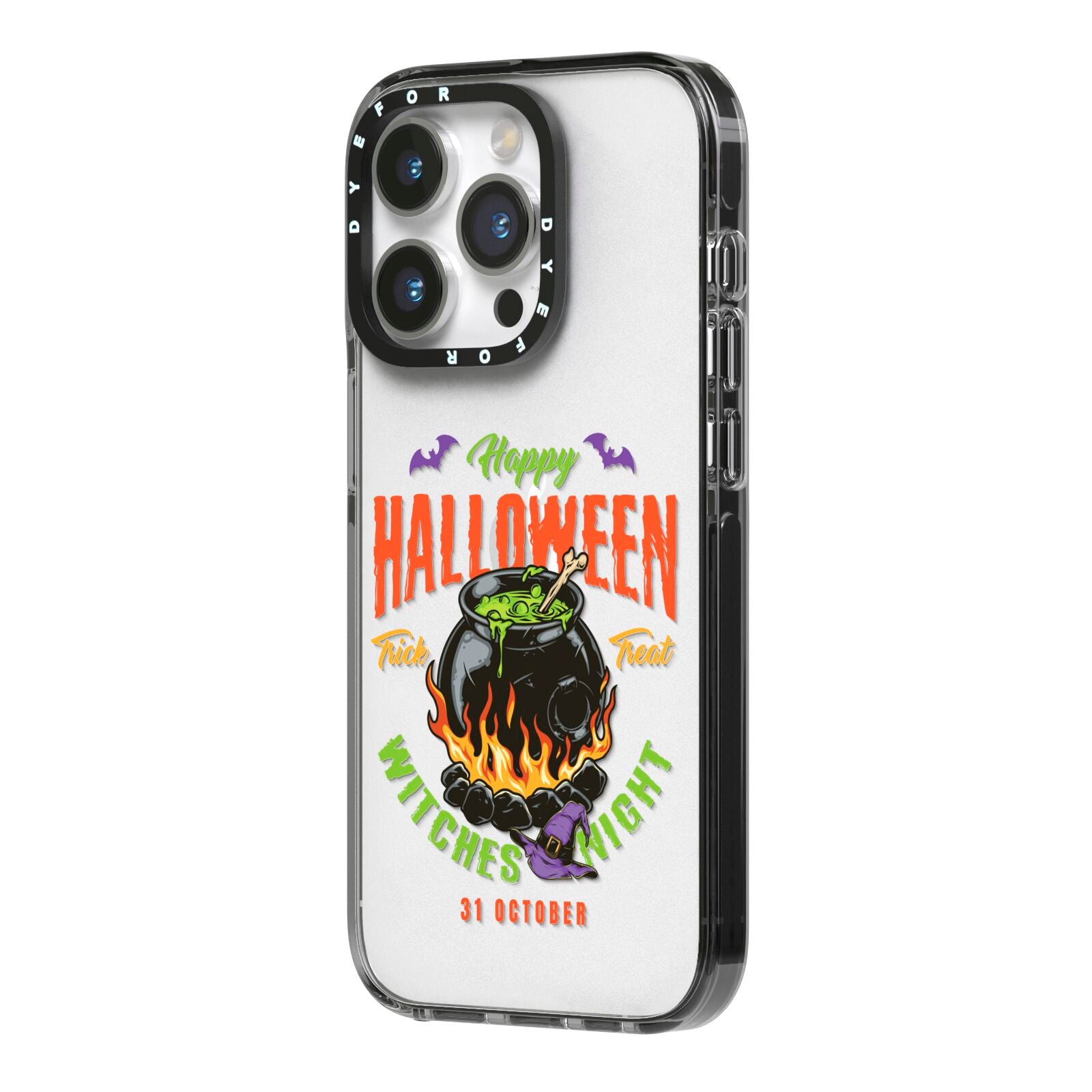 Witch Cauldron iPhone 14 Pro Black Impact Case Side Angle on Silver phone