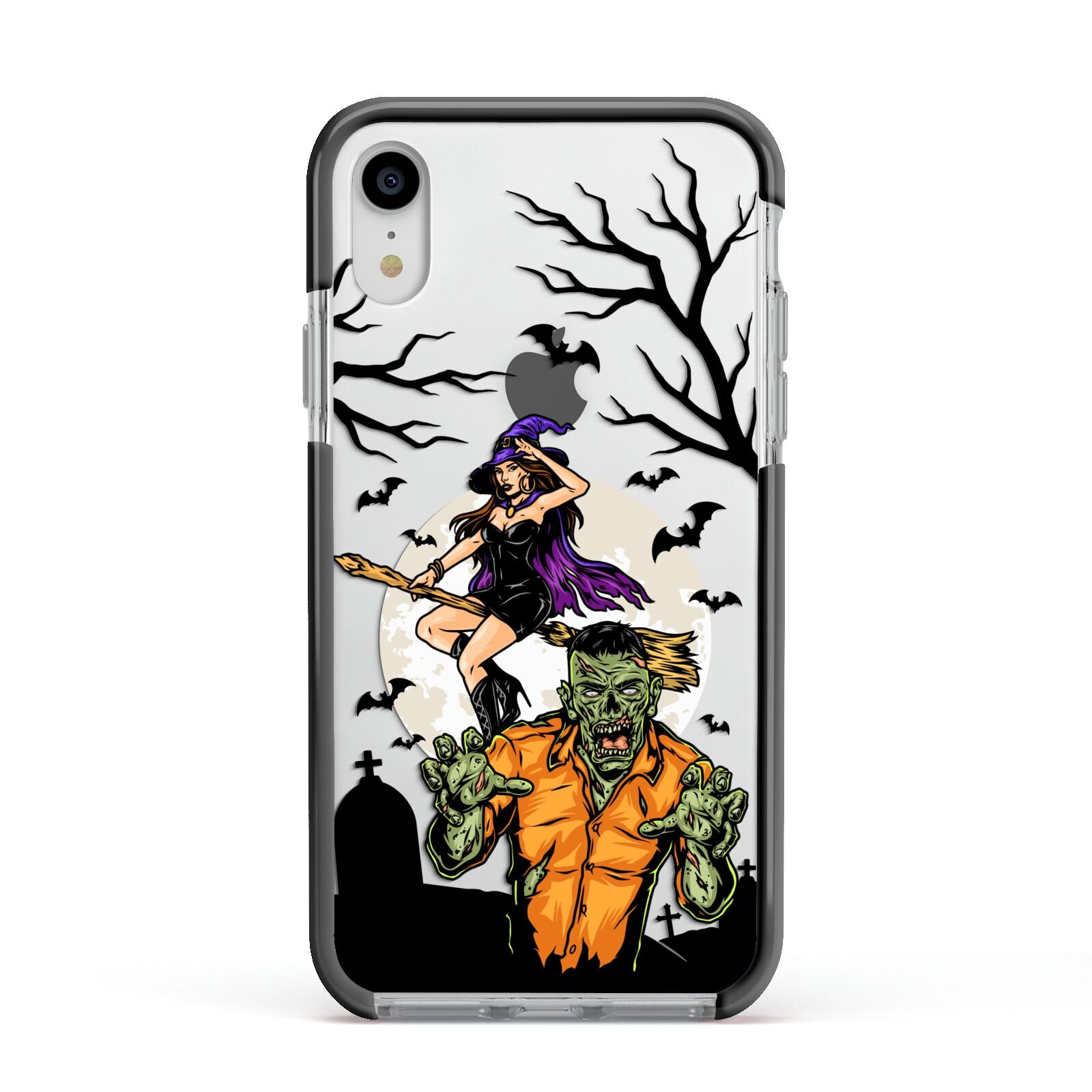 Witch Meets Zombie Apple iPhone XR Impact Case Black Edge on Silver Phone