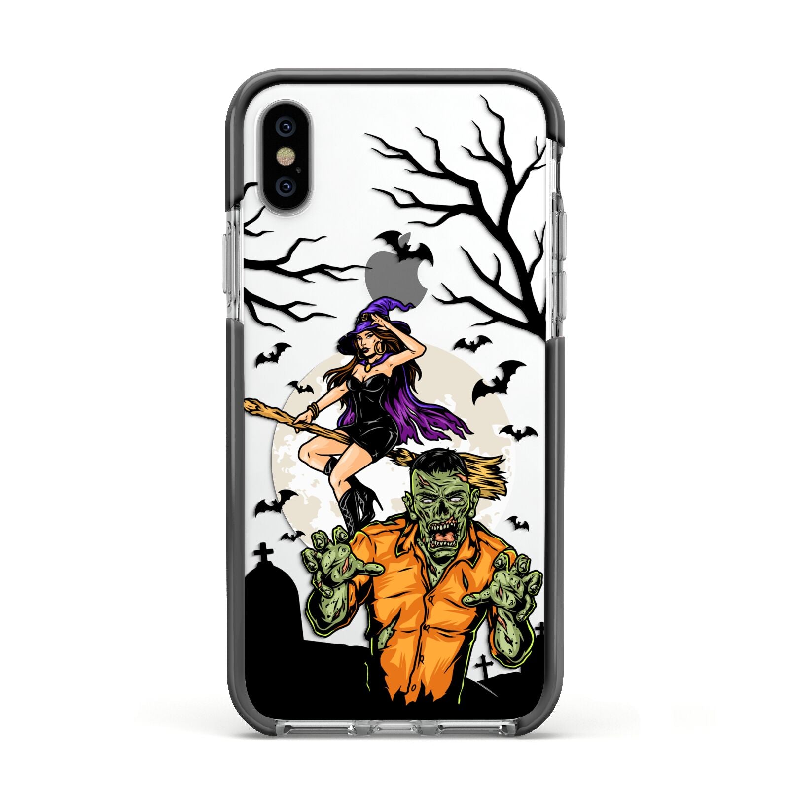 Witch Meets Zombie Apple iPhone Xs Impact Case Black Edge on Silver Phone