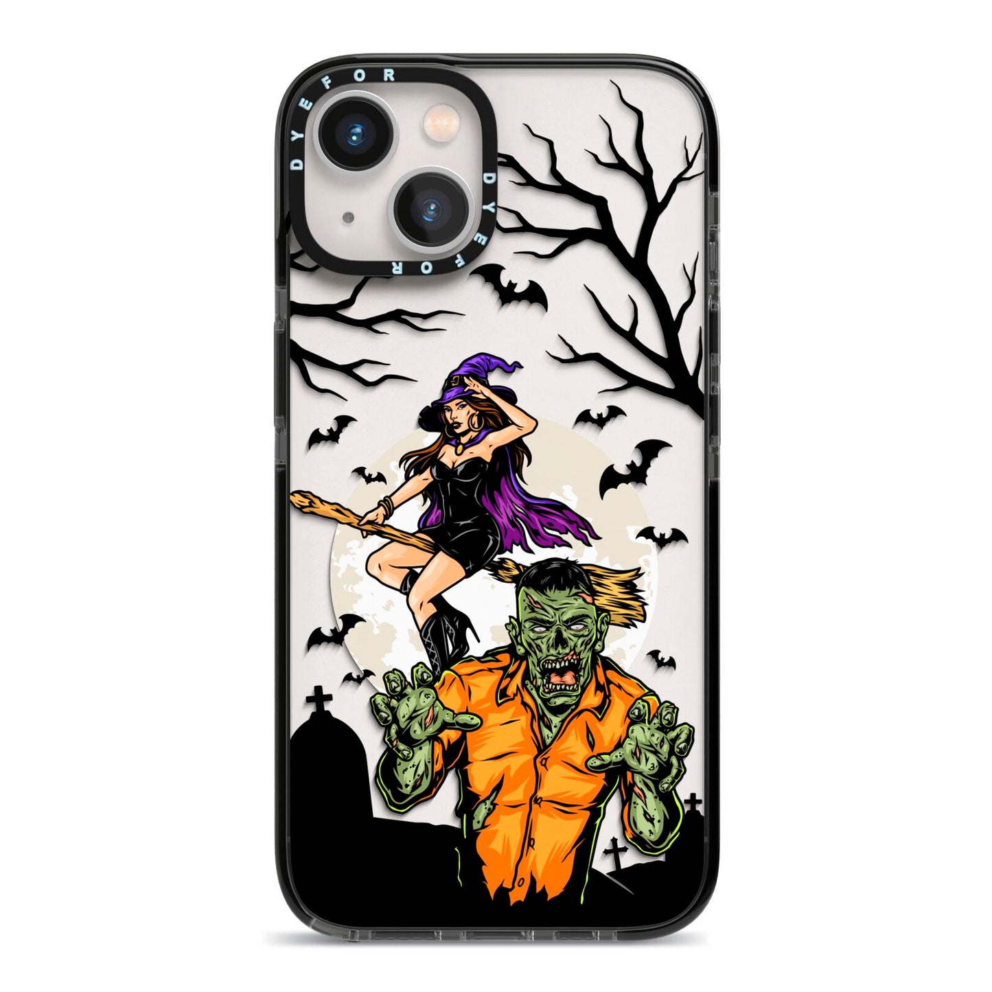 Witch Meets Zombie iPhone 13 Black Impact Case on Silver phone