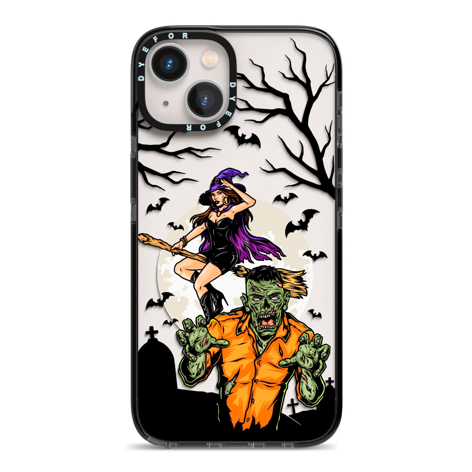 Witch Meets Zombie iPhone 13 Black Impact Case on Silver phone