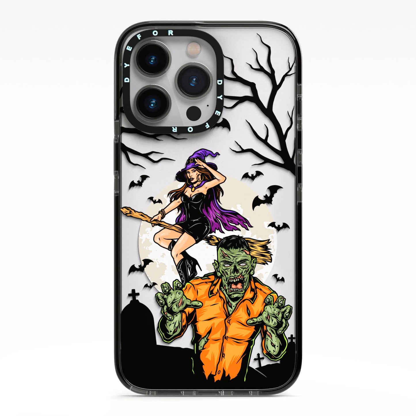Witch Meets Zombie iPhone 13 Pro Black Impact Case on Silver phone