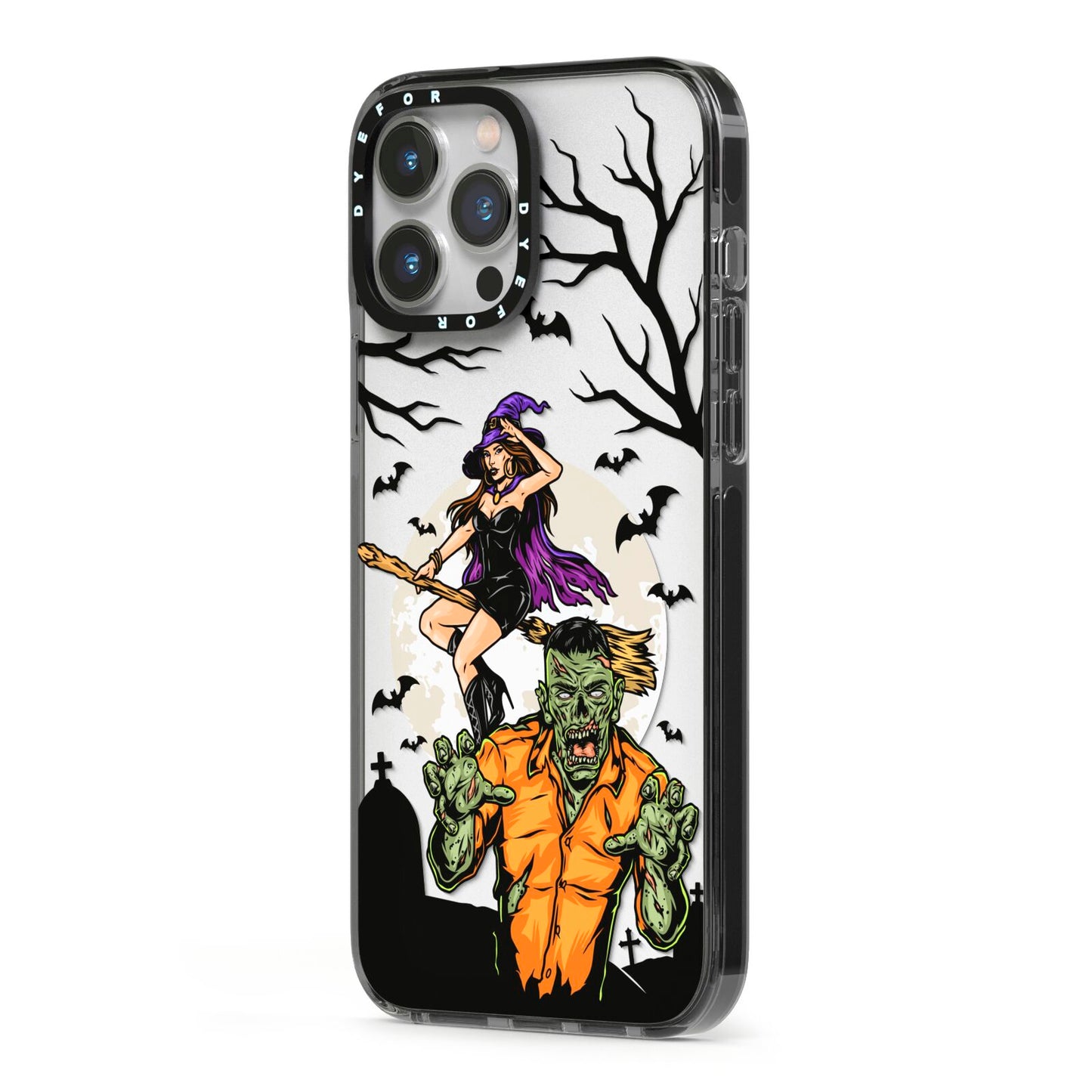 Witch Meets Zombie iPhone 13 Pro Max Black Impact Case Side Angle on Silver phone