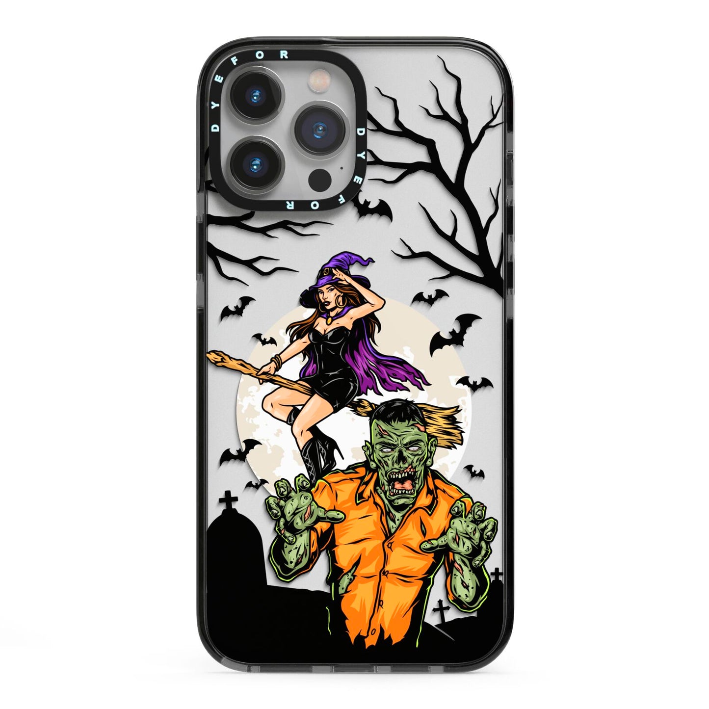 Witch Meets Zombie iPhone 13 Pro Max Black Impact Case on Silver phone