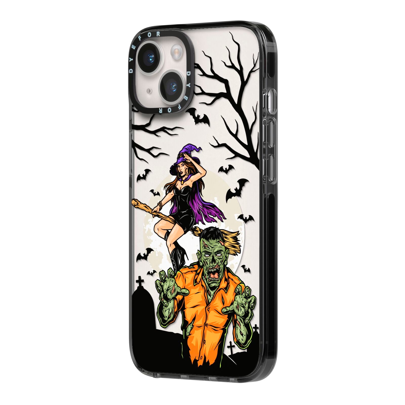 Witch Meets Zombie iPhone 14 Black Impact Case Side Angle on Silver phone
